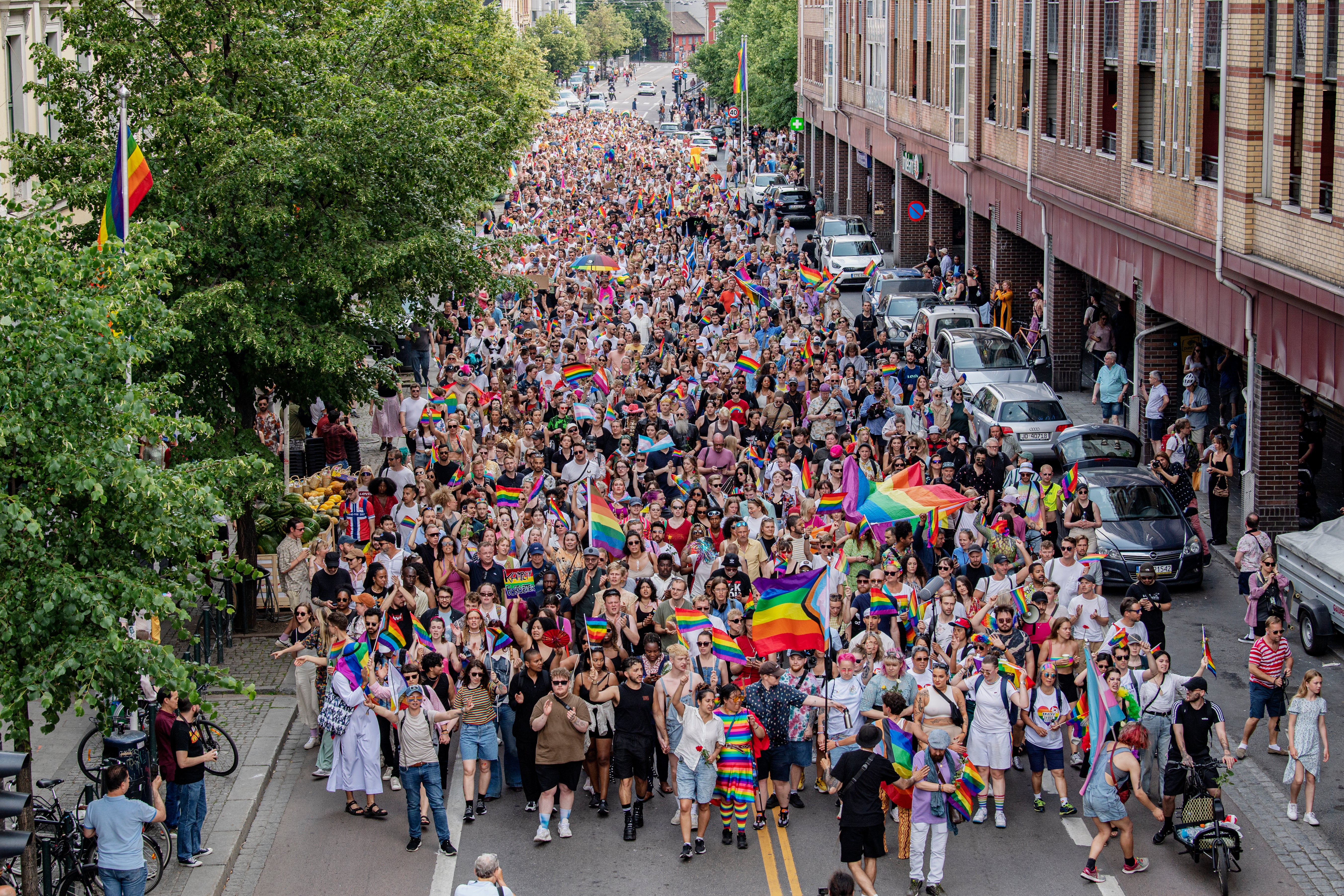 Hundreds of people lined the streets, carrying Pride flags