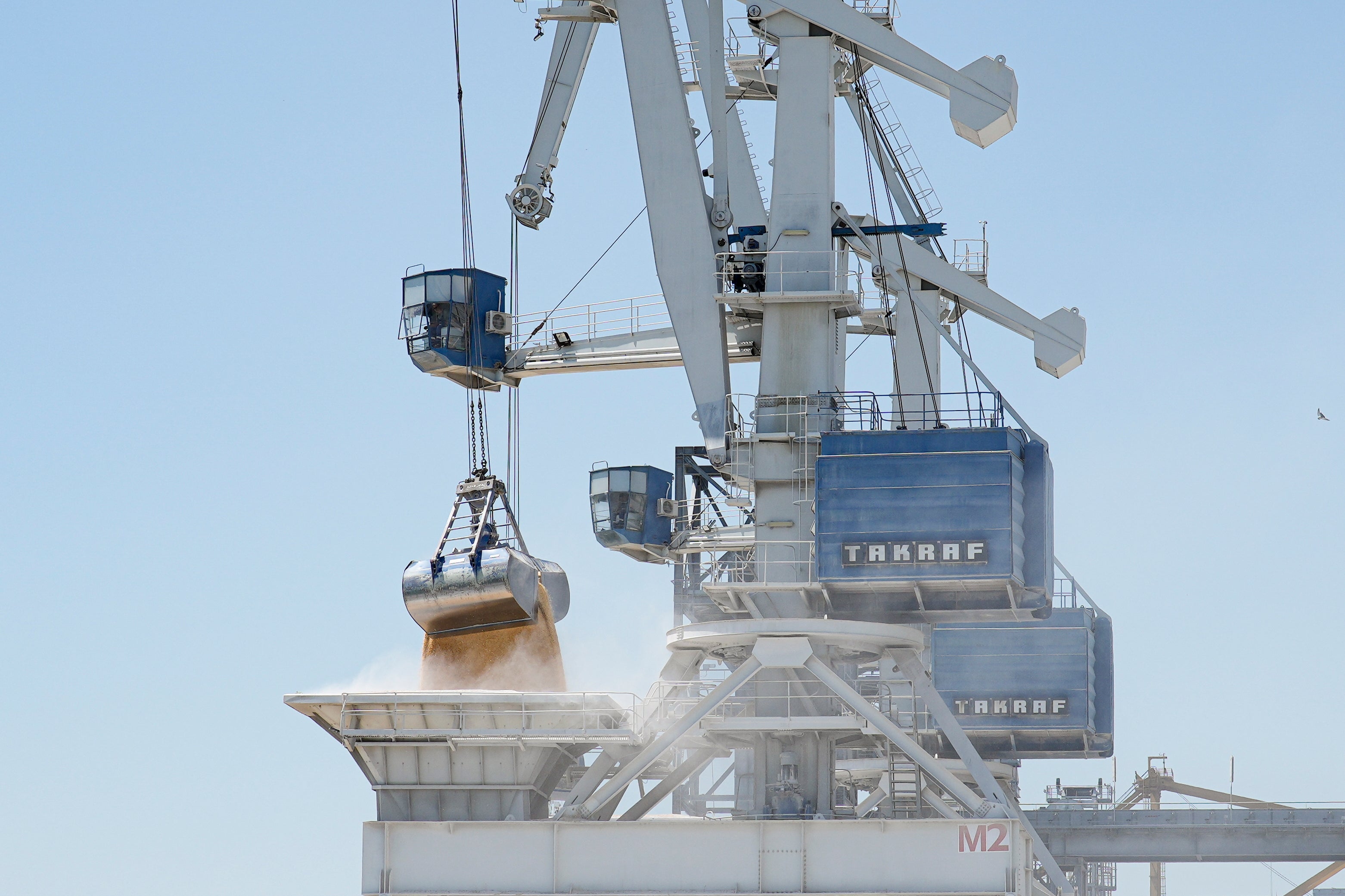 Cereals from Ukraine are unloaded from a barge in the Black Sea port of Constanta, Romania (Vadim Ghirda/AP)