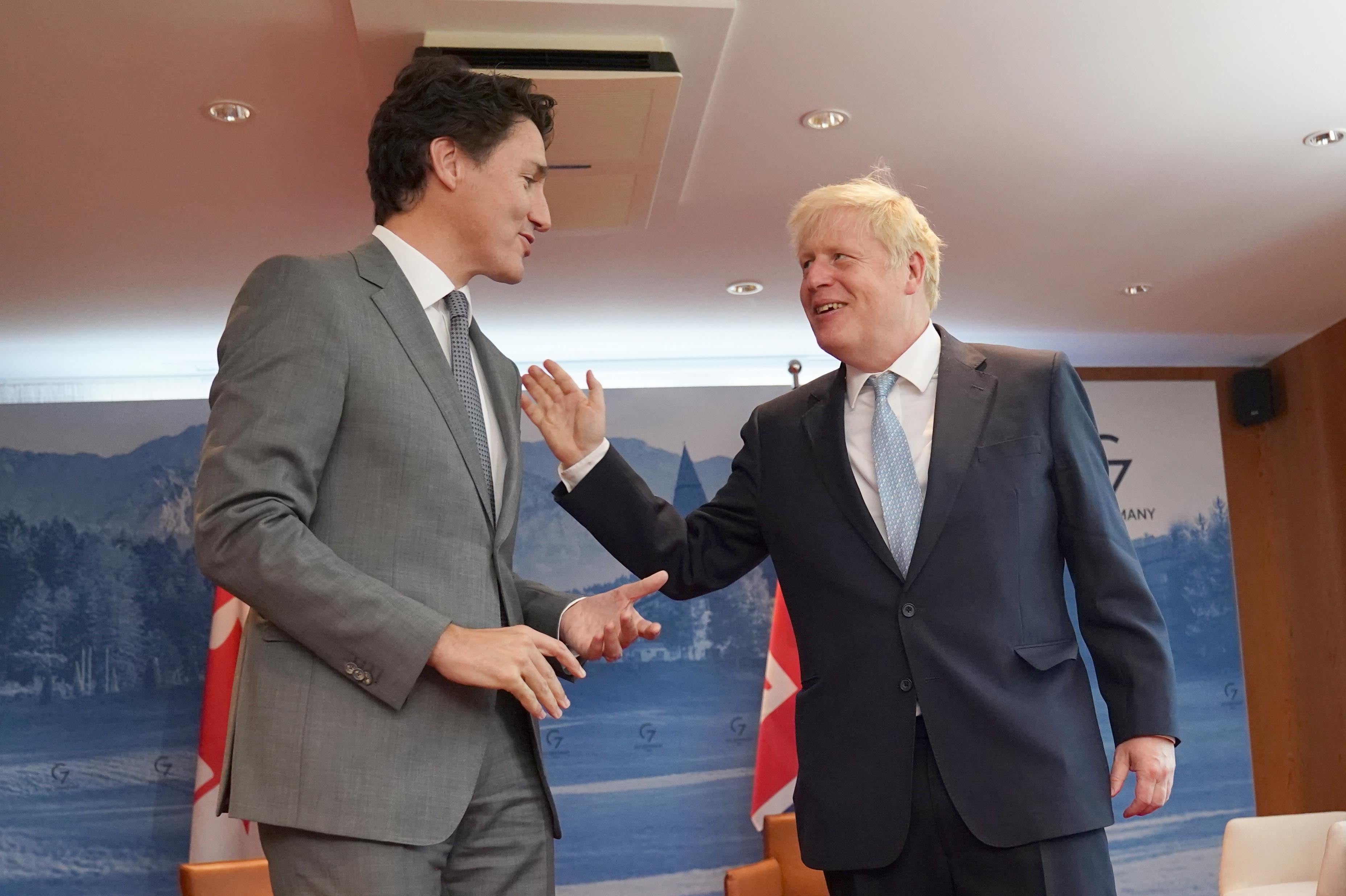 Prime Minister Boris Johnson holds a bilateral meeting with Canadian Prime Minister Justin Trudeau during the G7 summit in Schloss Elmau, in the Bavarian Alps, Germany (Stefan Rousseau/PA)