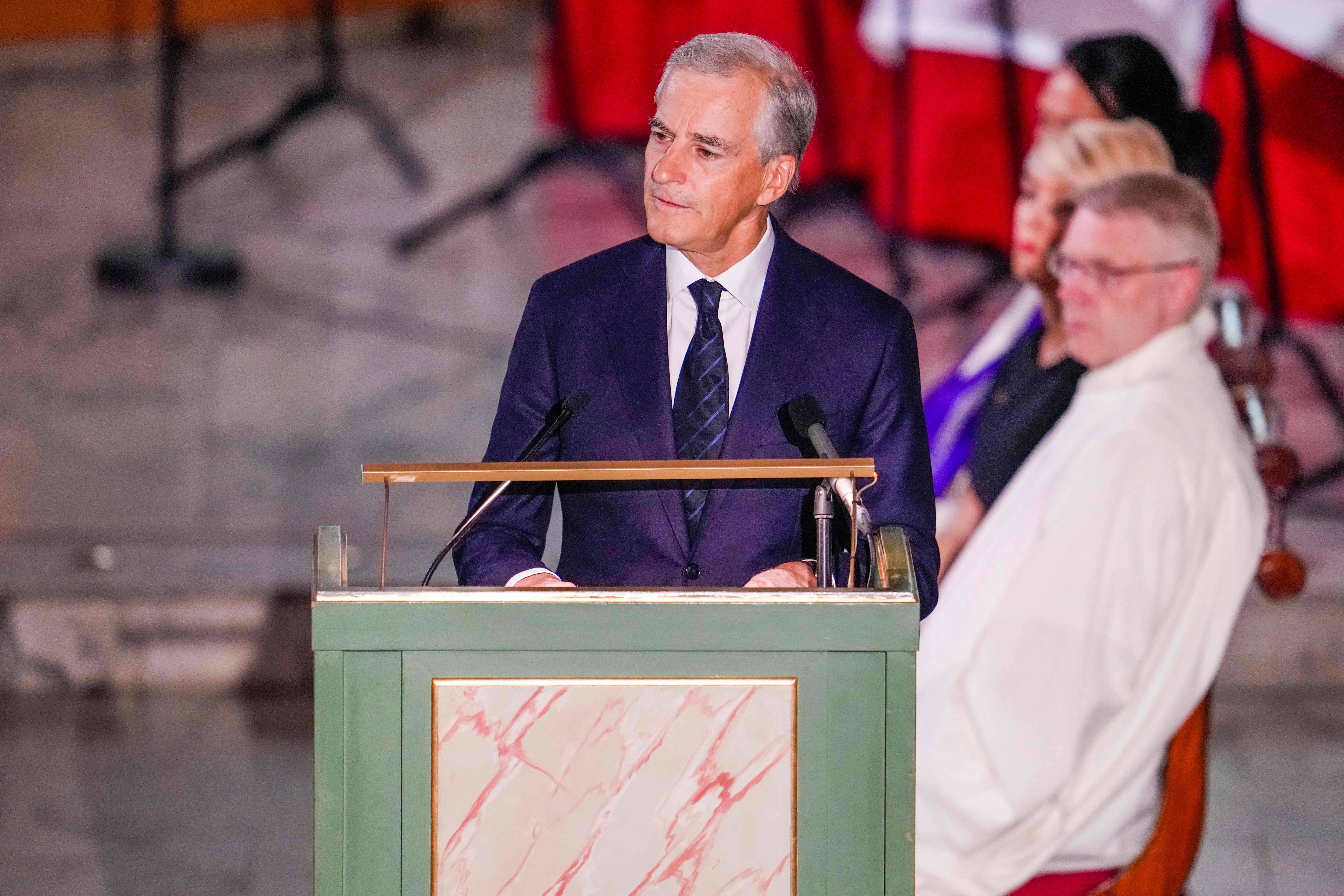 Norway’s prime minister Jonas Gahr Store speaks during a mourning service in Oslo Cathedral