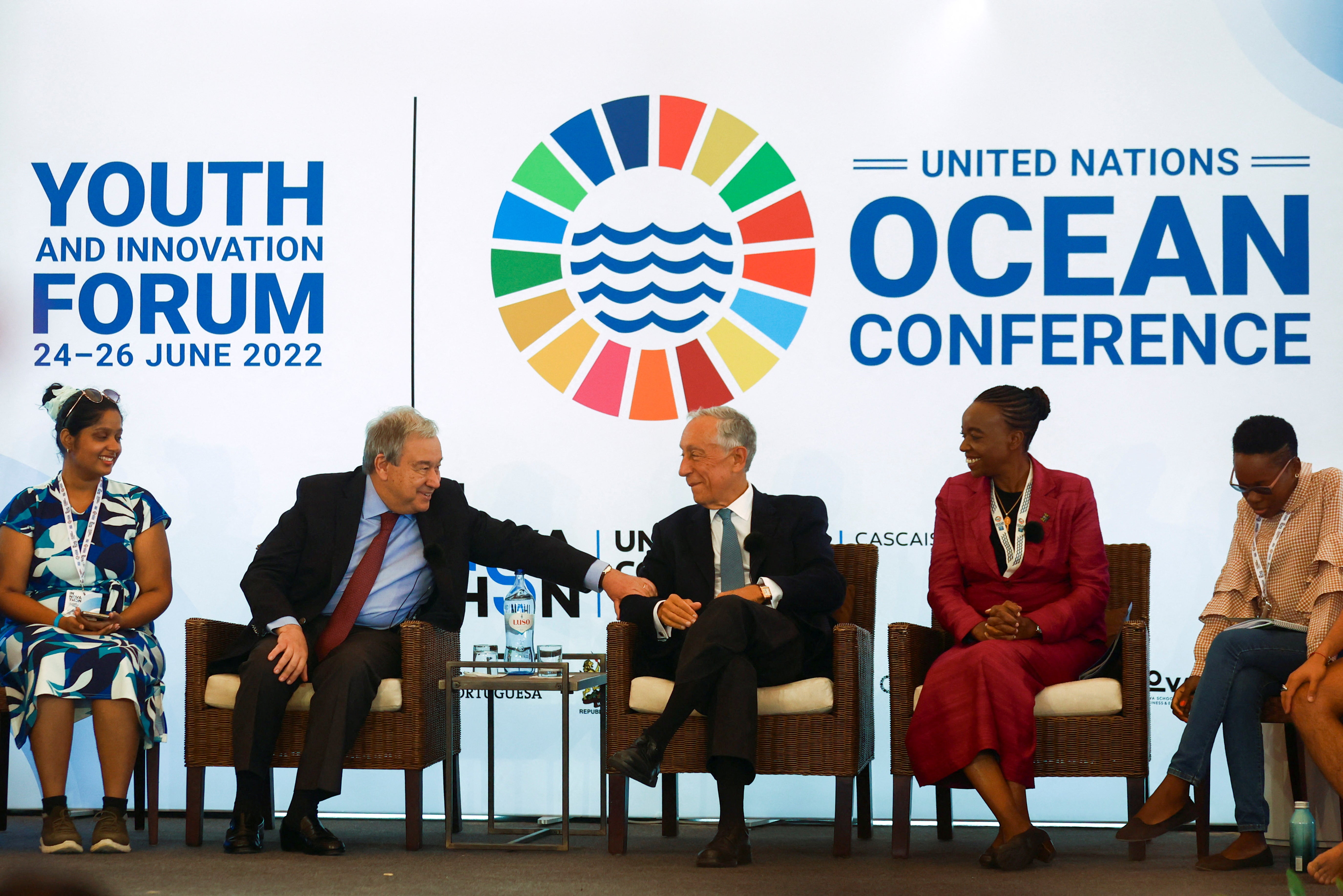 UN secretary-general Antonio Guterres (second left) greets Portugal’s president Marcelo Rebelo de Sousa ahead of the United Nations Ocean Conference in Lisbon