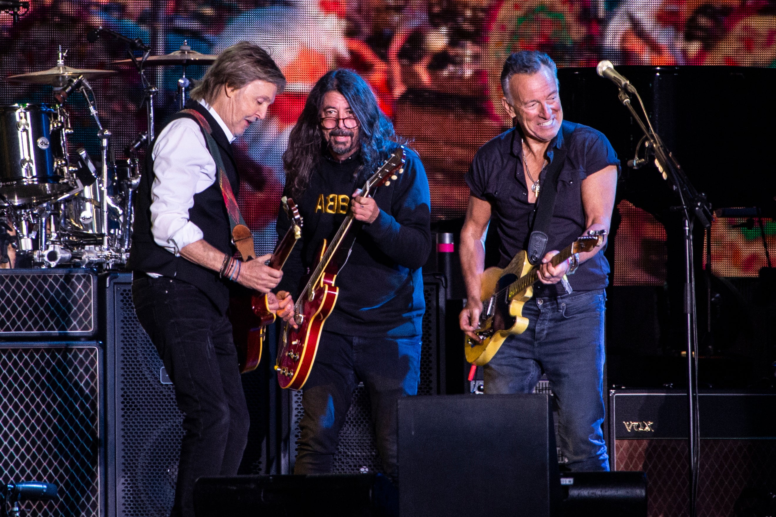 Paul McCartney performs his set with special guests Dave Grohl and Bruce Springsteen