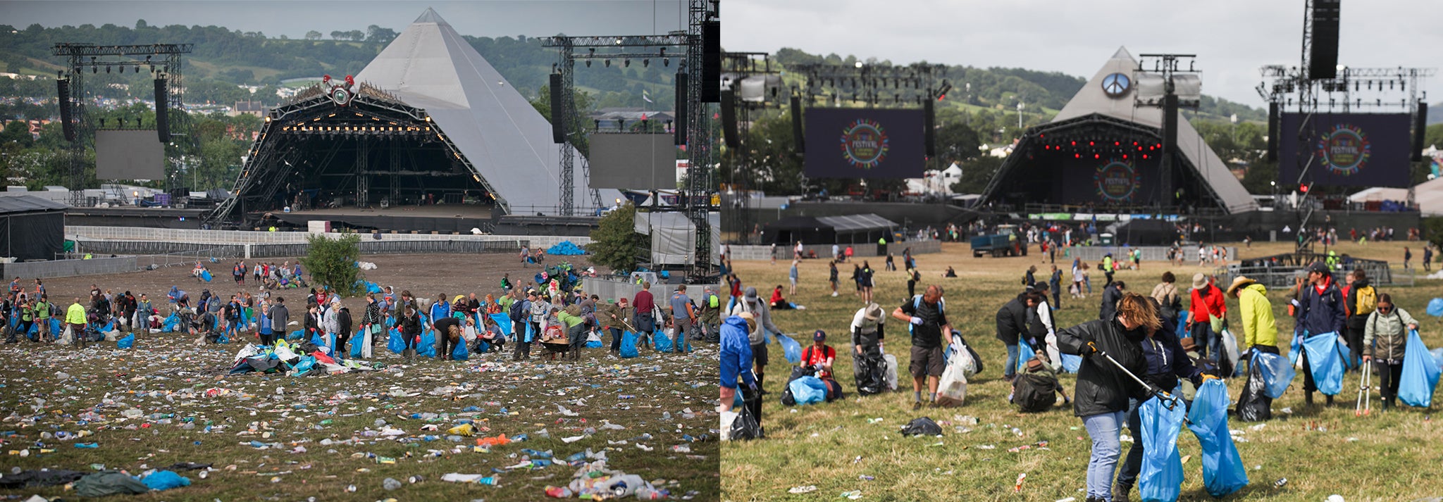 The litter clean up in front of the Pyramid stage in 2014 (left) and 2022 (right)