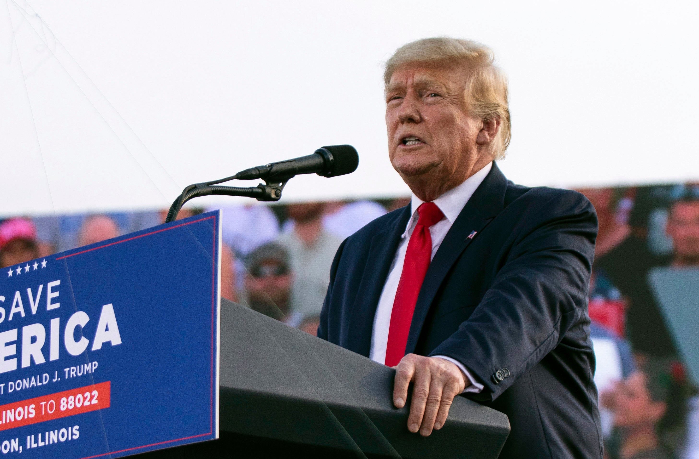 Former President Donald Trump speaks at a rally at the Adams County Fairgrounds in Mendon, Ill., Saturday, June 25, 2022. (Mike Sorensen/Quincy Herald-Whig via AP)