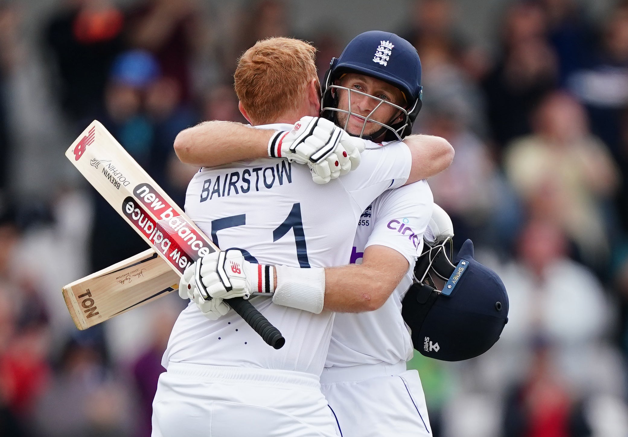 Bairstow (left) and Root celebrate victory