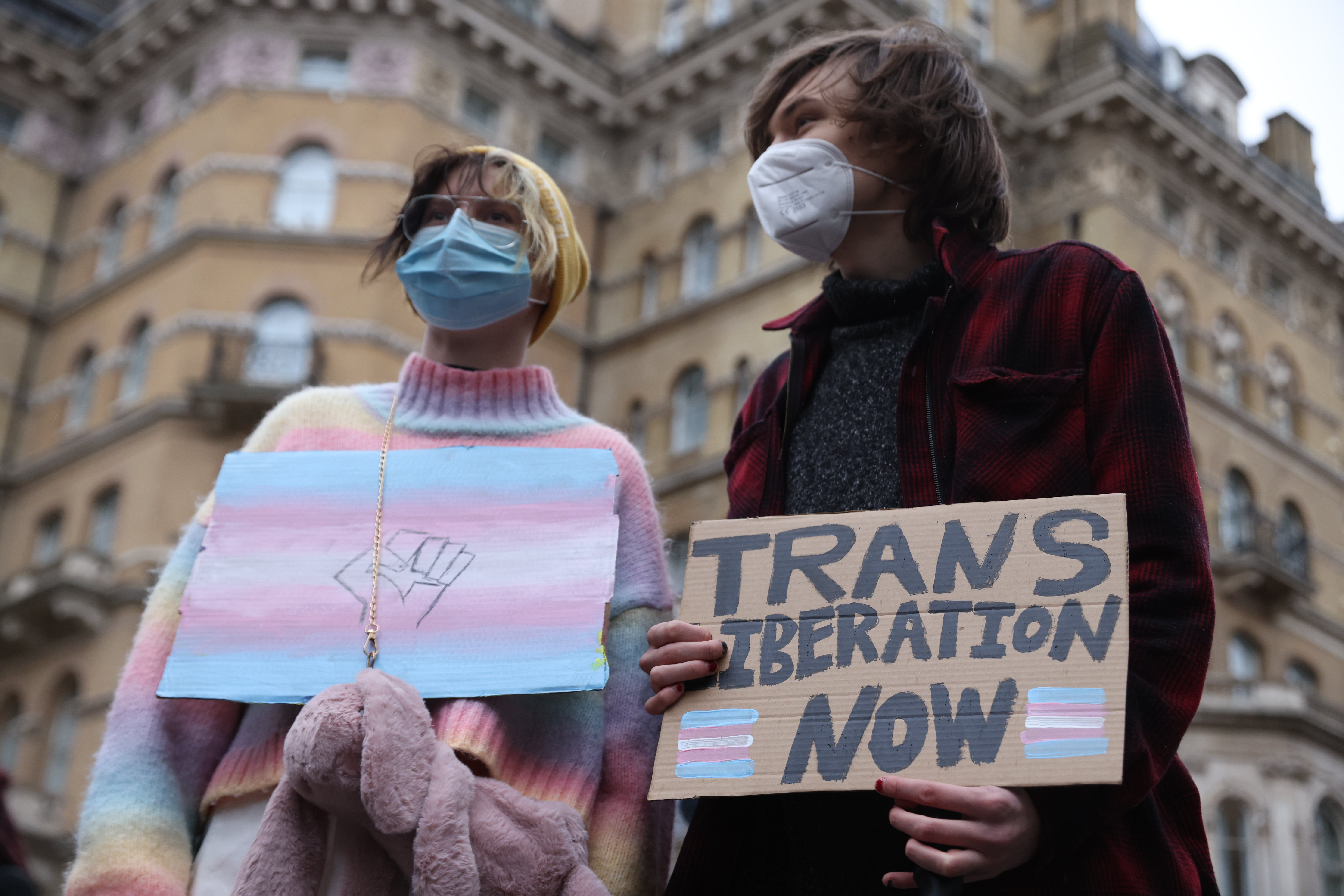 Two trans rights protesters outside the BBC’s headquarters in January 2022