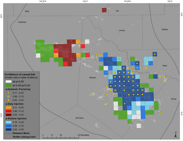 The graphic indicates how strongly seismicity is linked with hydraulic fracturing, shallow wastewater injection, and deep wastewater injection in different regions. The lower the p-value the higher the association confidence.