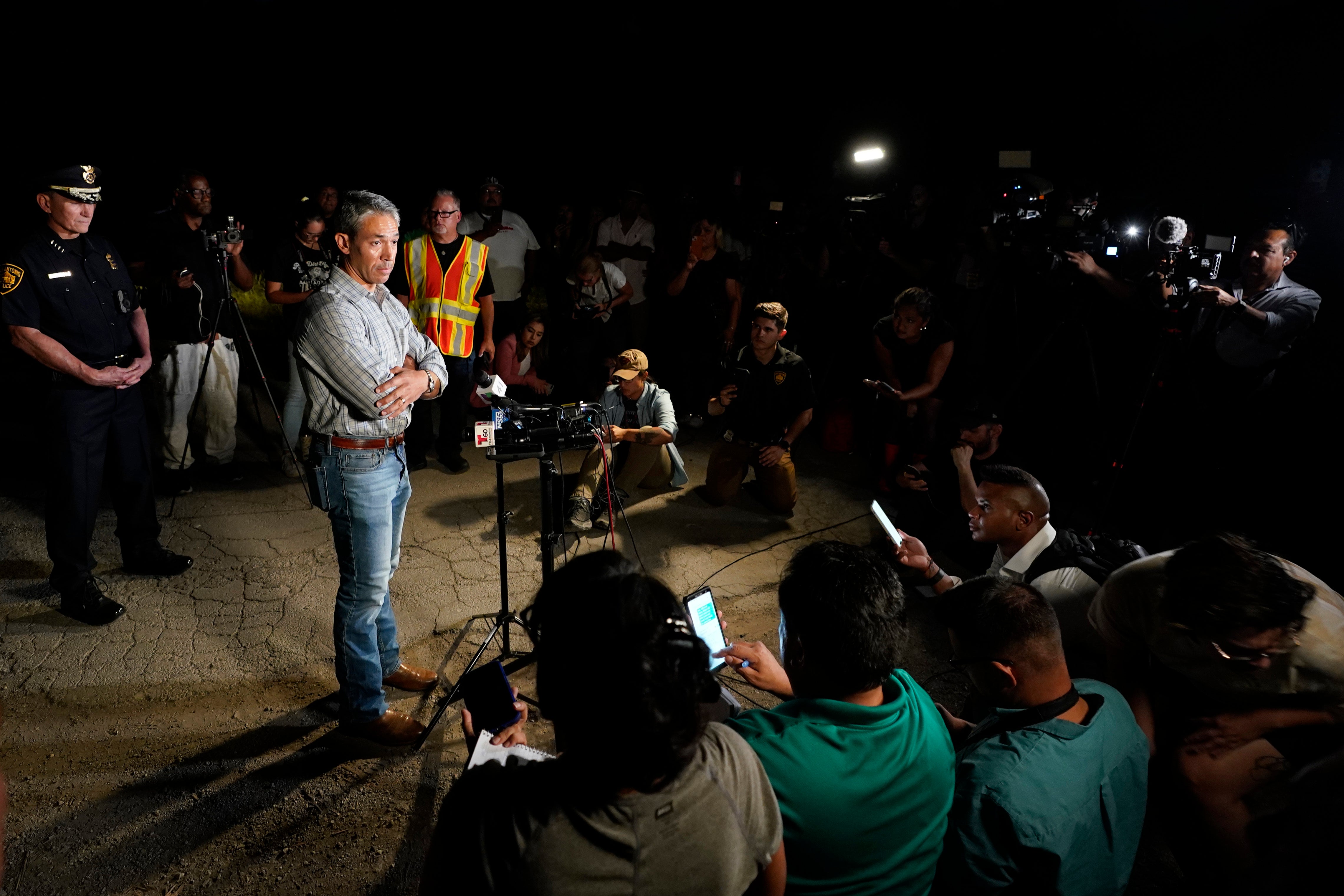 San Antonio mayor Ron Nirenberg and San Antonio police chief William McManus (left) brief the media