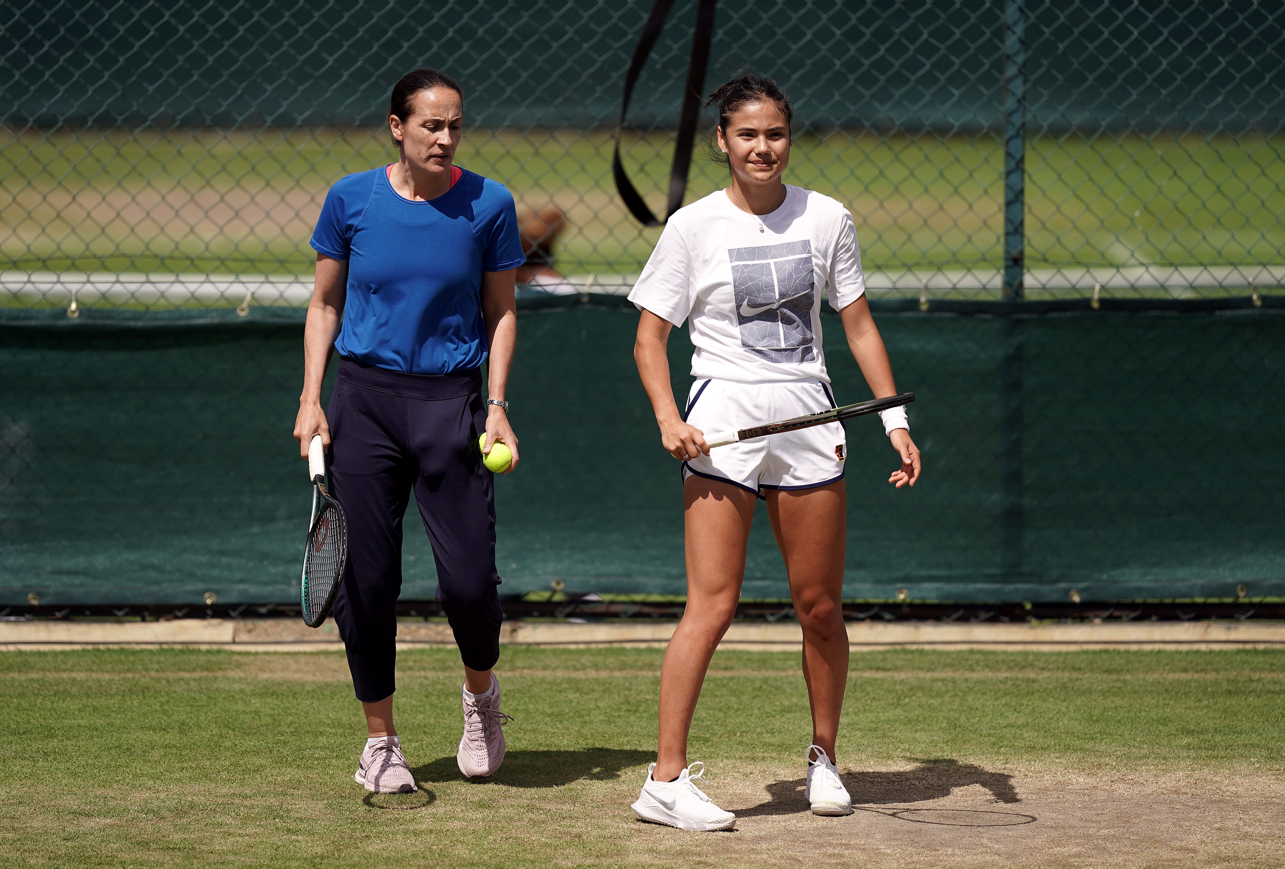 Emma Raducanu (right) and Jane O’Donoghue pictured during practice on Tuesday