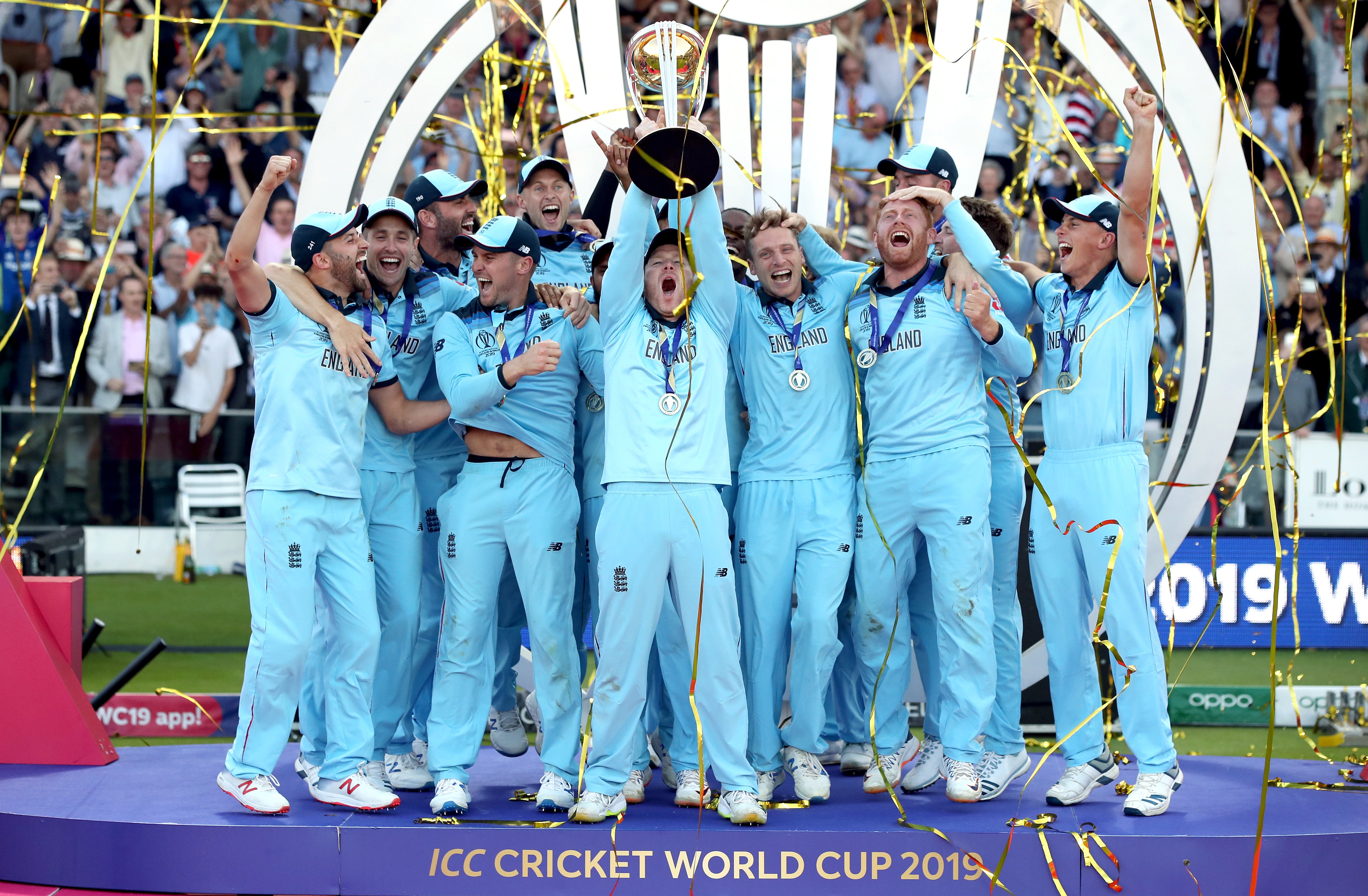 Eoin Morgan and his England team celebrate their World Cup final win (Nick Potts/PA).