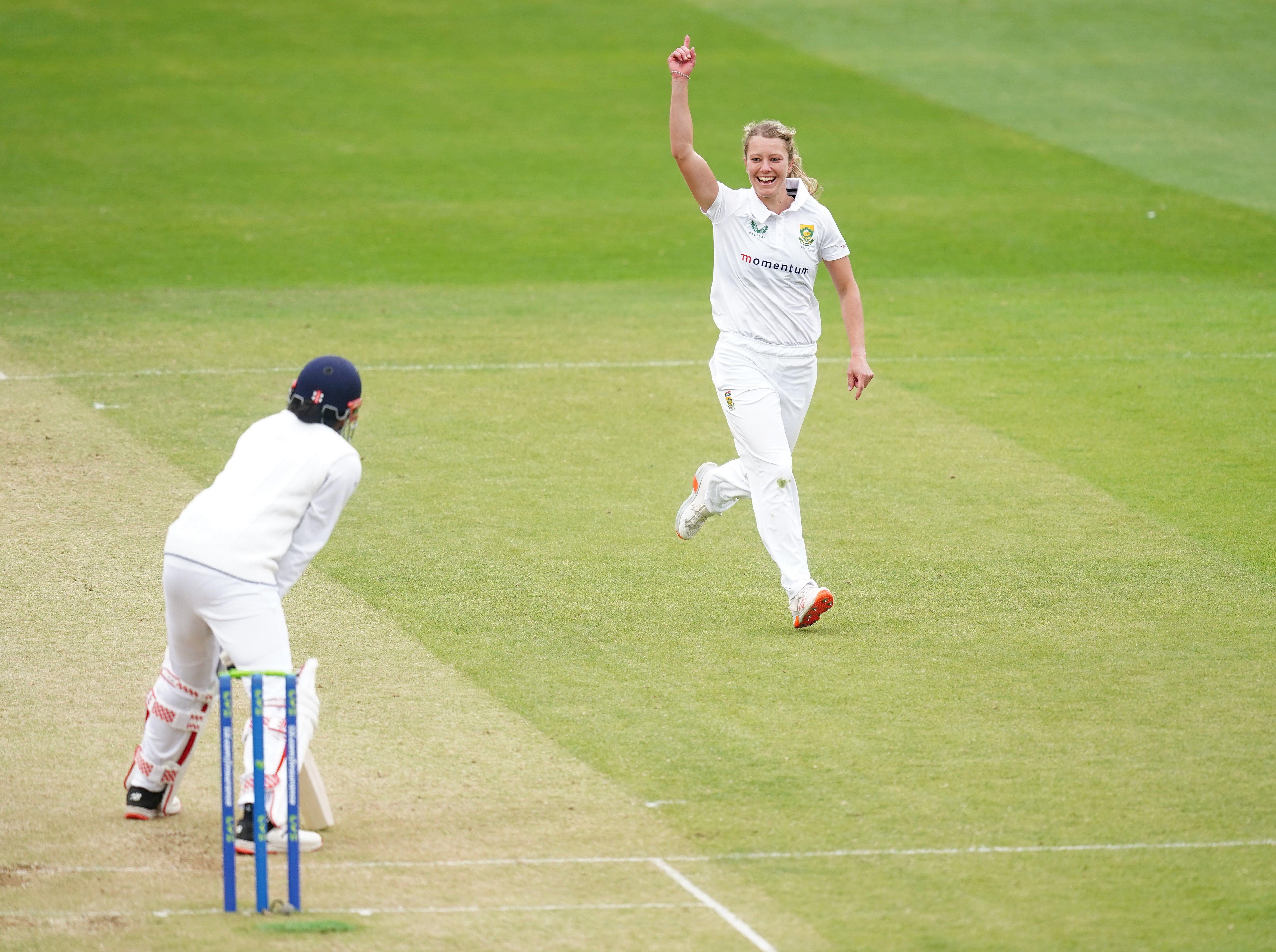 Anneke Bosch, right, celebrates the wicket of Sophia Dunkley (David Davies/PA)