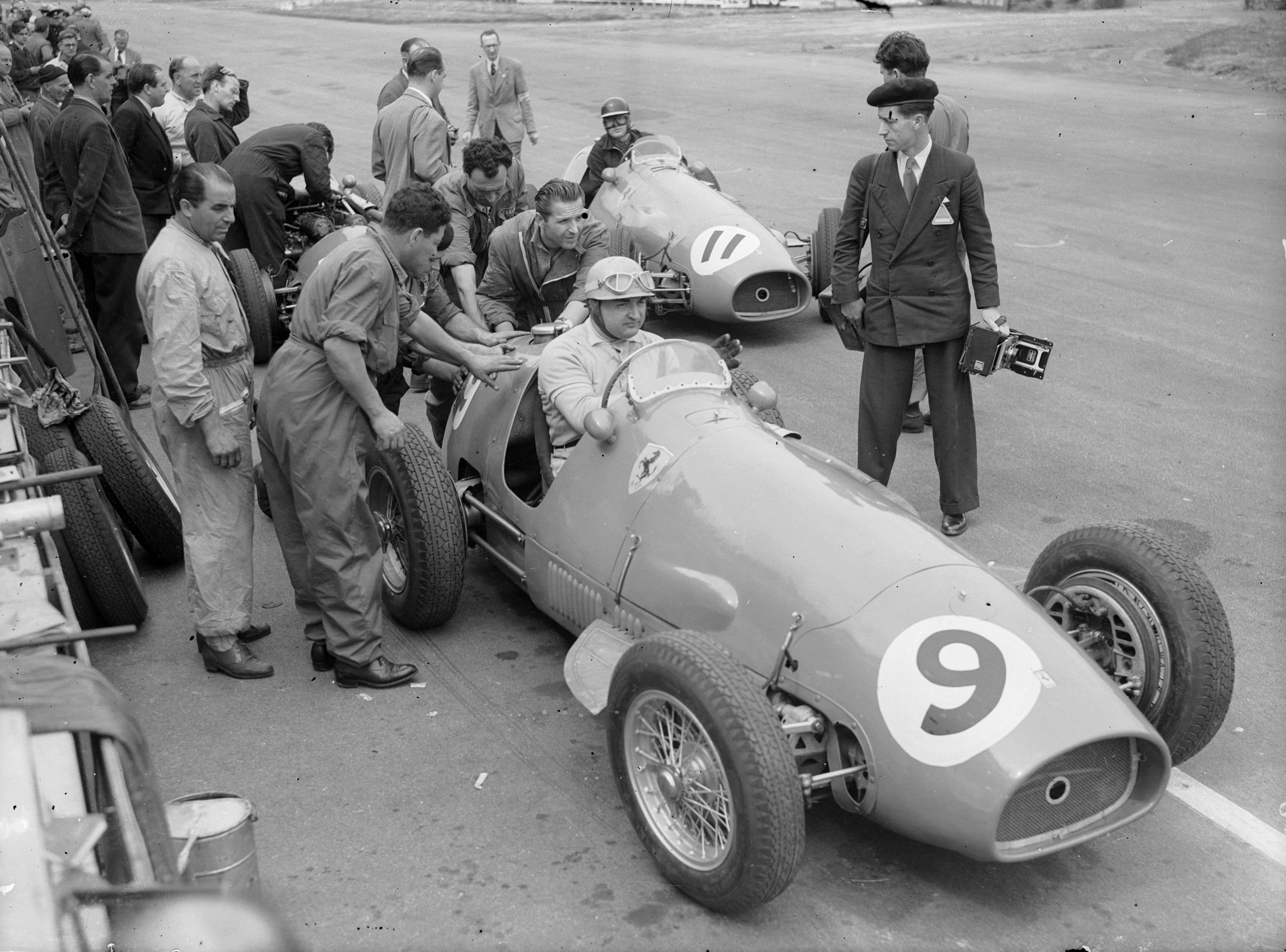 Jose Froilan Gonzalez in a Ferrari F1 car at Silverstone circuit in 1954