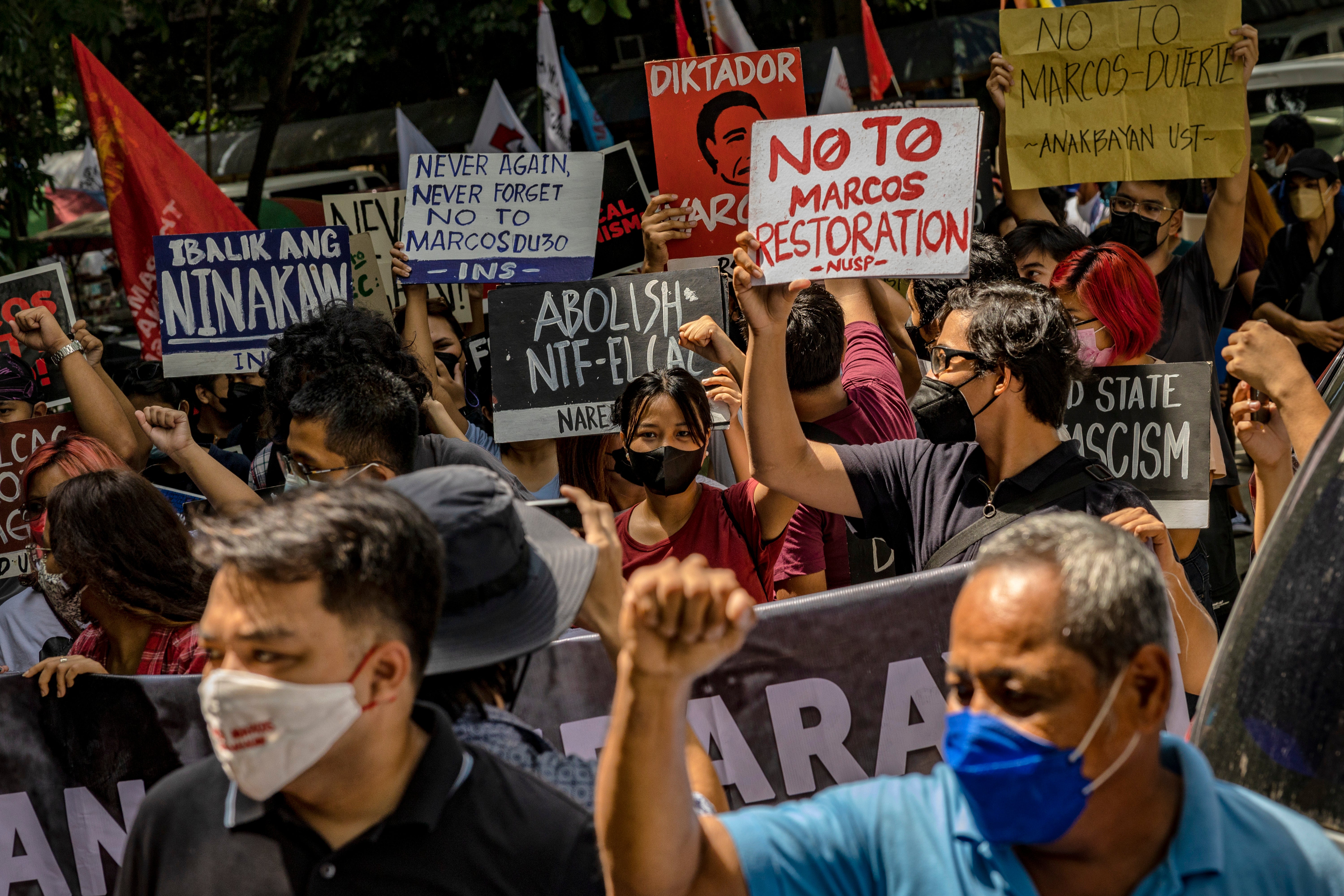 Anti-Marcos activists protesting in May against the election results at the Commission on Human Rights office in Manila