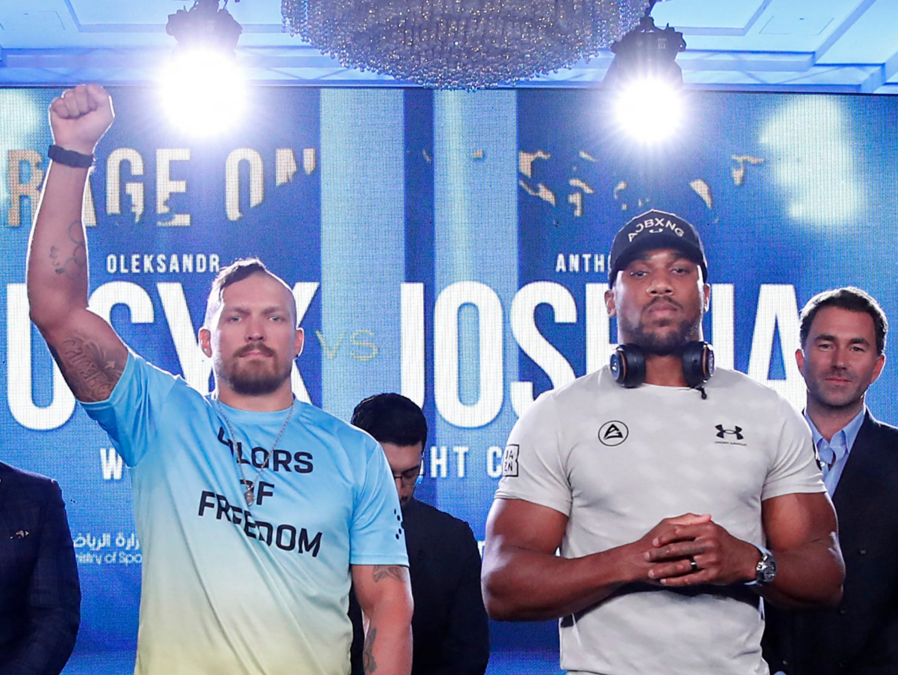 Oleksandr Usyk (left) and Anthony Joshua (second-right) at a London press conference