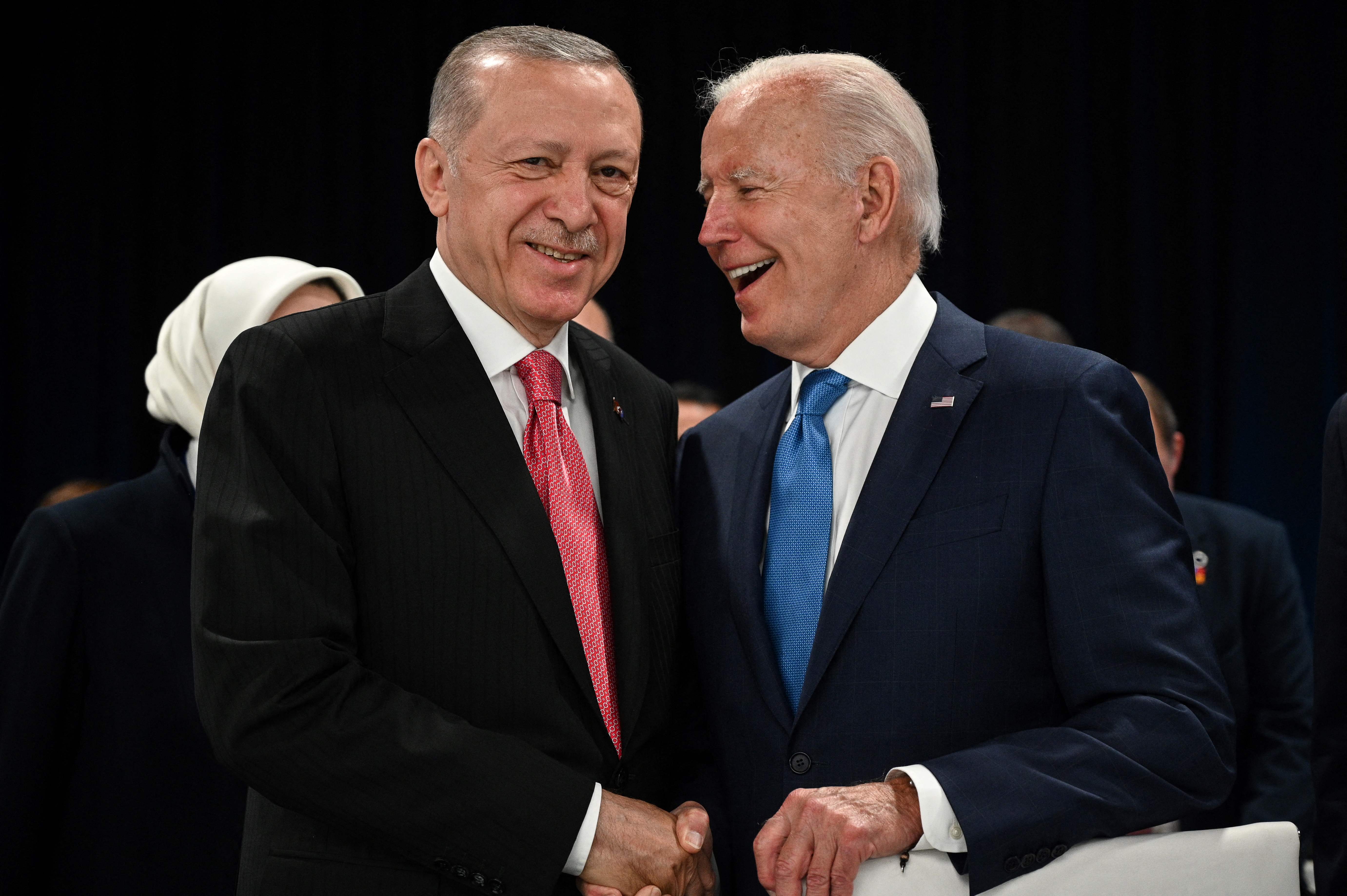 All’s fine: Turkey’s President Recep Tayyip Erdogan (L) and US President Joe Biden shake hands at the Nato summit