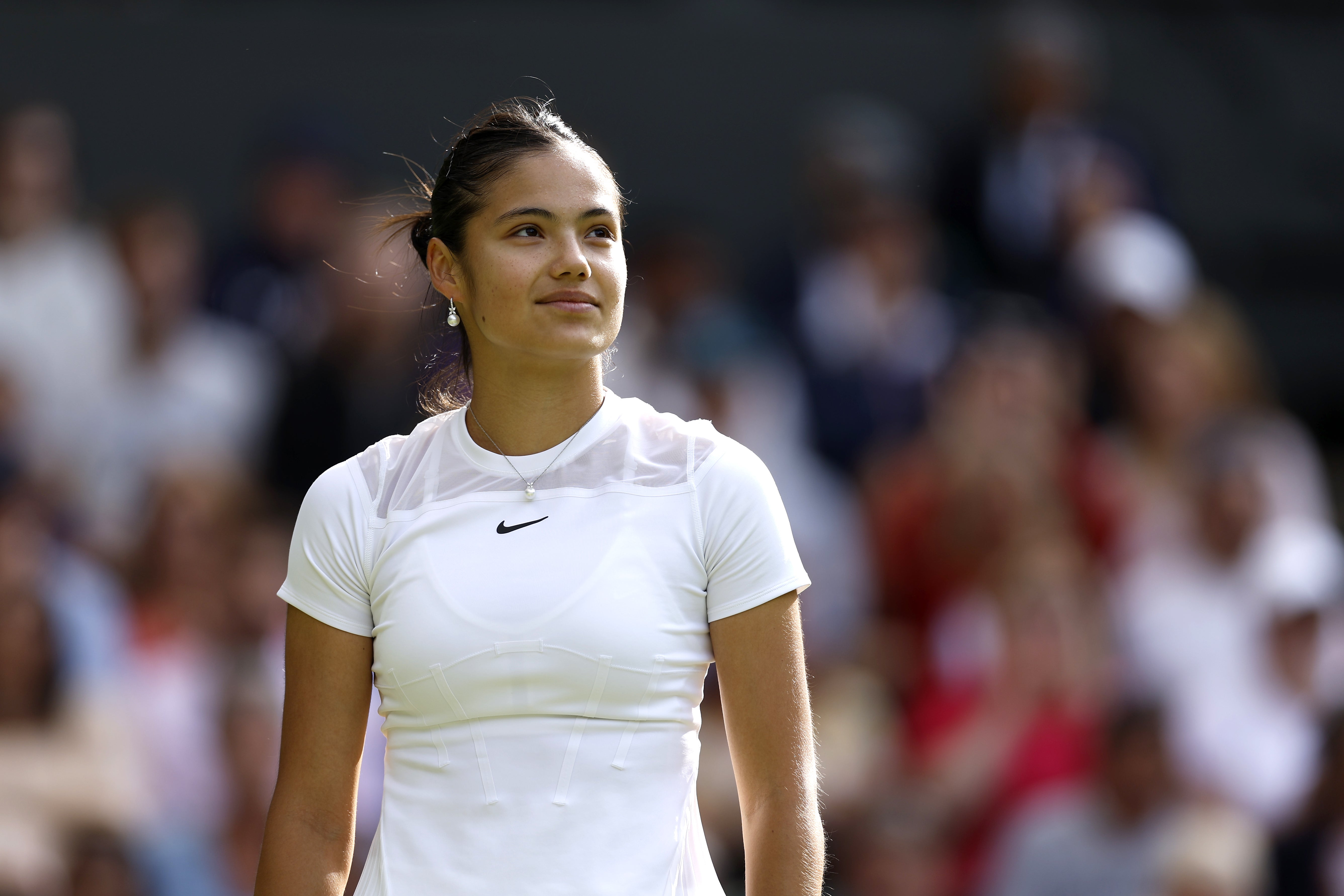 Great Britain’s Emma Raducanu looks towards the crowd in the second round match against France’s Caroline Garcia (Steven Paston/PA)