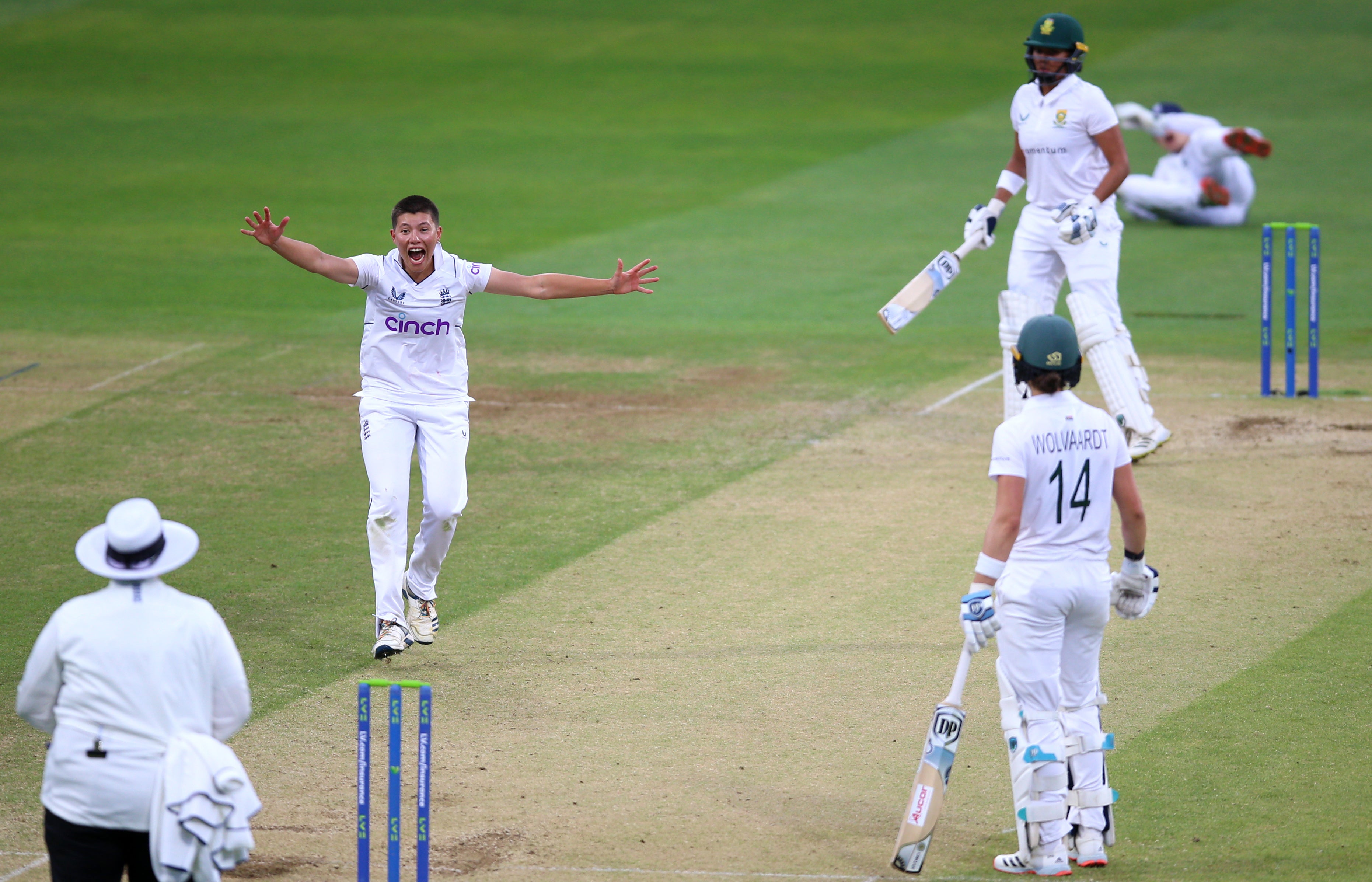 England’s Issy Wong celebrates after taking the wicket of South Africa’s Lara Goodall (Nigel French/PA)