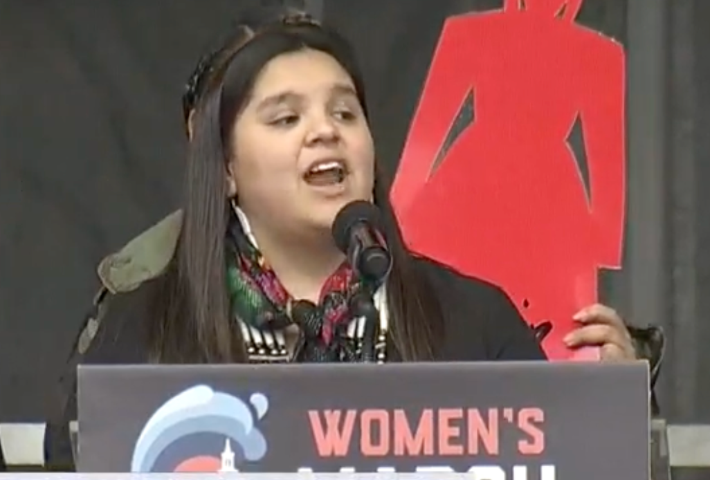 Tokata Iron Eyes delivered a speech at the Women’s March in Washington in 2019 aged 15