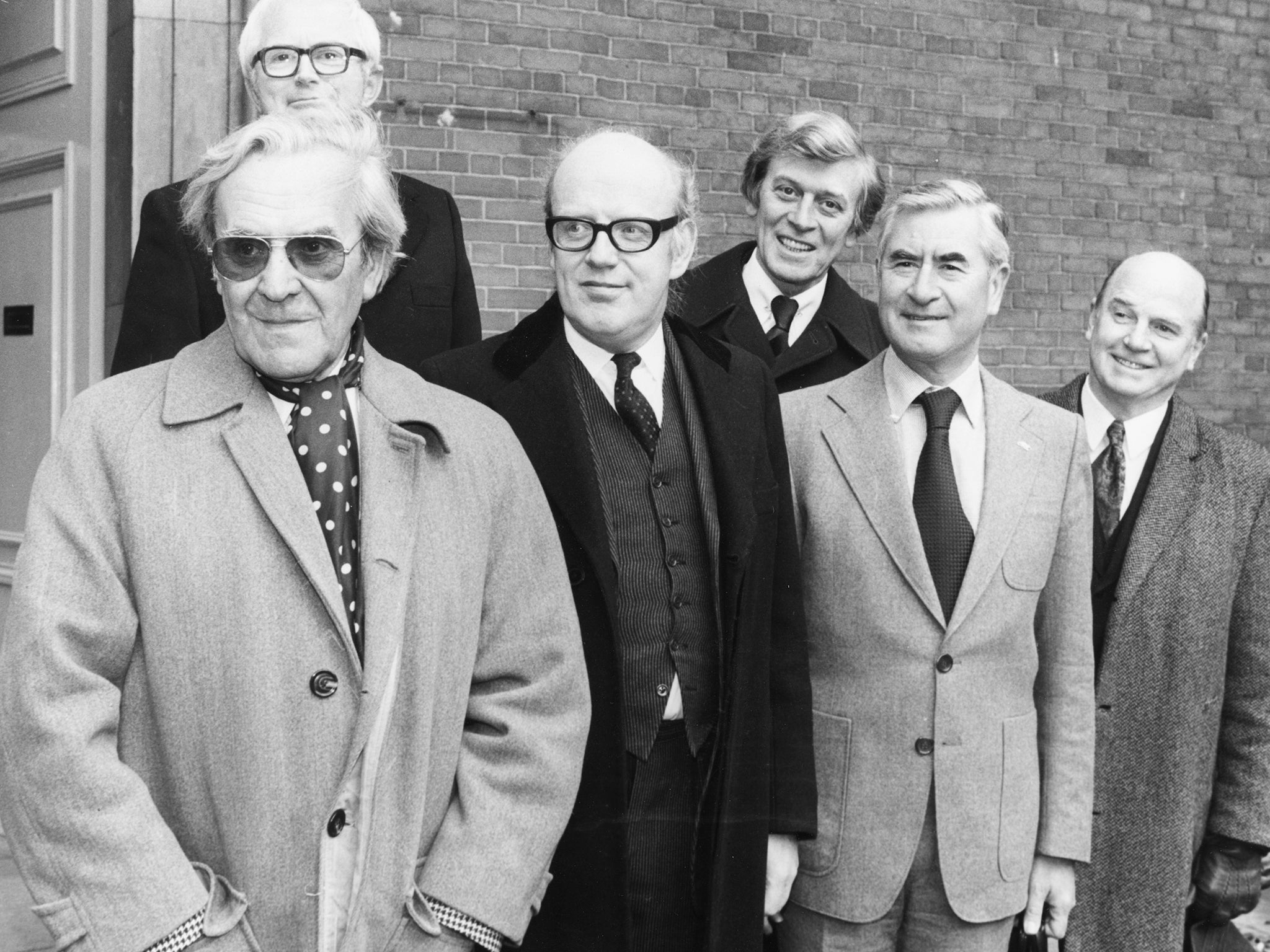 (L-R) John Le Mesurier, David Croft, Frank Williams, Jimmy Perry, Bill Pertwee and Evan Ross, pictured in 1980 at a memorial service for John Laurie