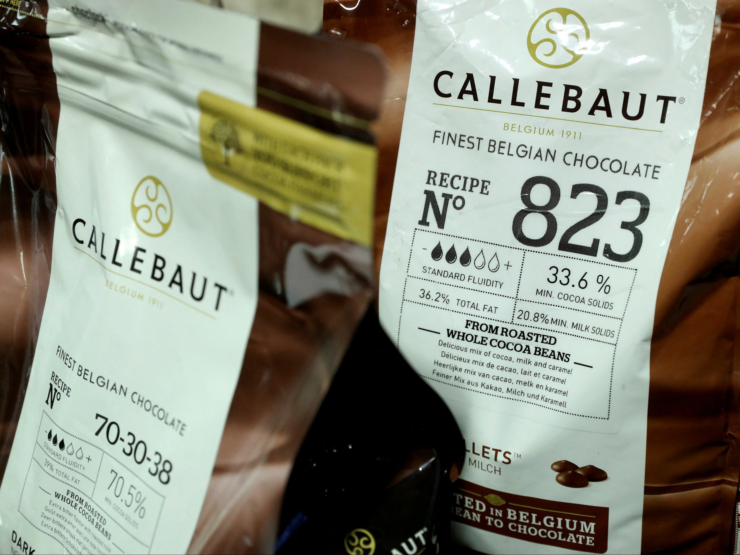 Products of chocolate and cocoa product maker Barry Callebaut are displayed during the company's annual news conference in Zurich