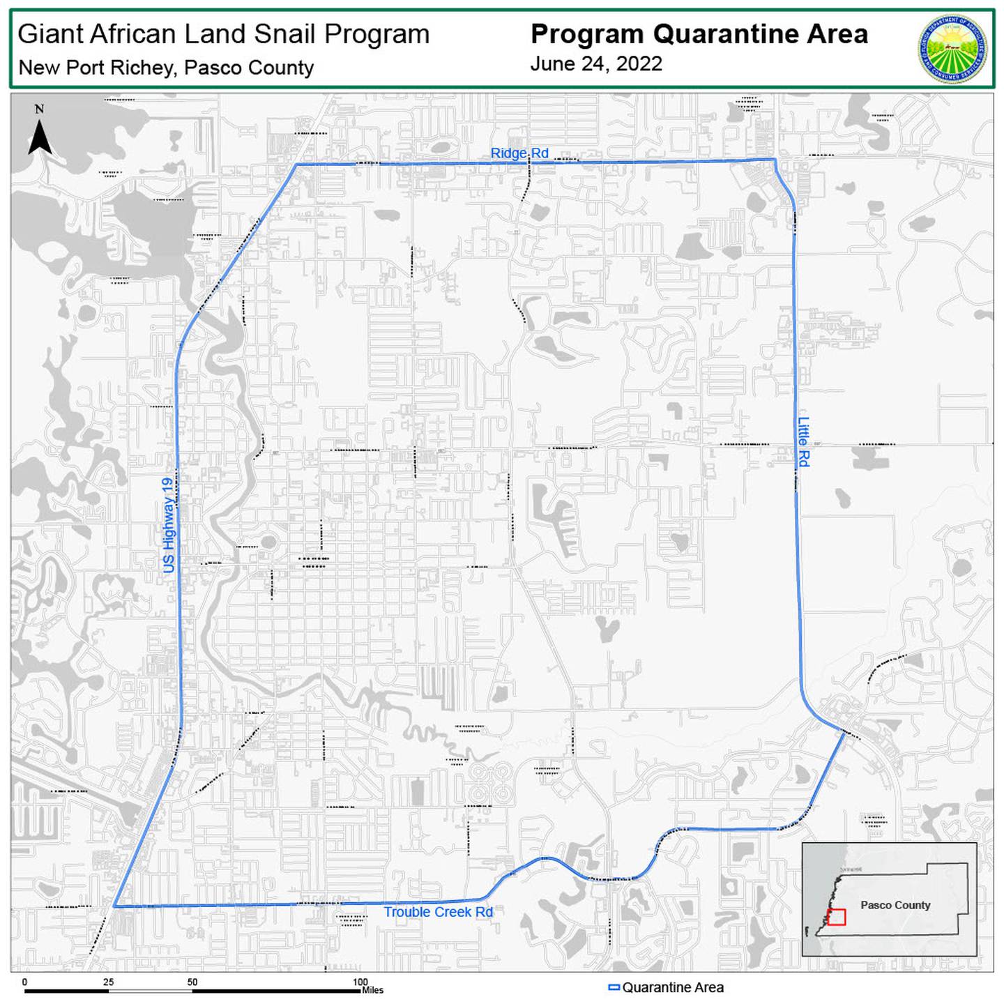 The quarantine area imposed by the FDACS, from Ridge Road in the north to Trouble Creek Rd in the south