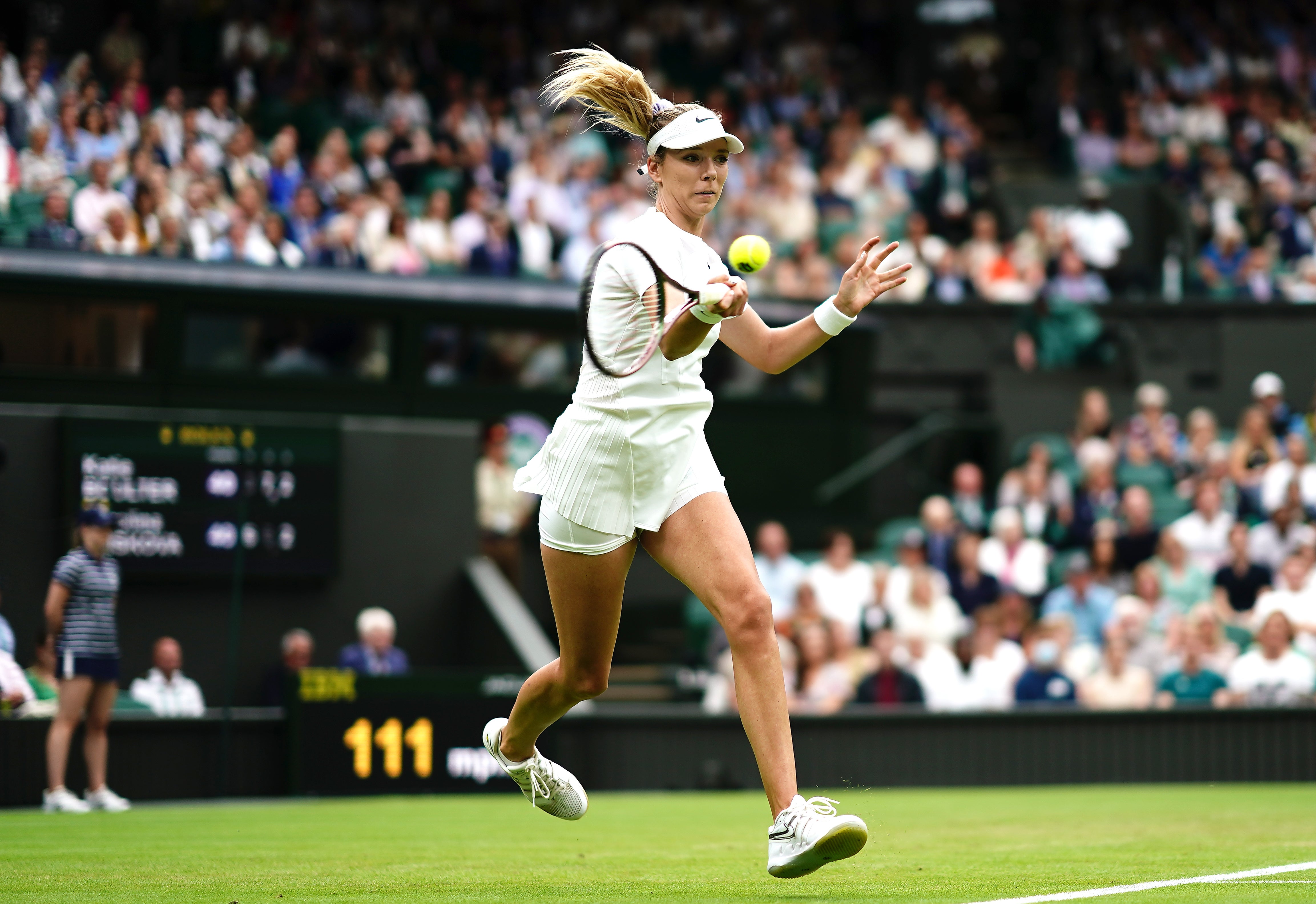 Katie Boulter strikes a forehand in her win over Karolina Pliskova (Aaron Chown/PA)