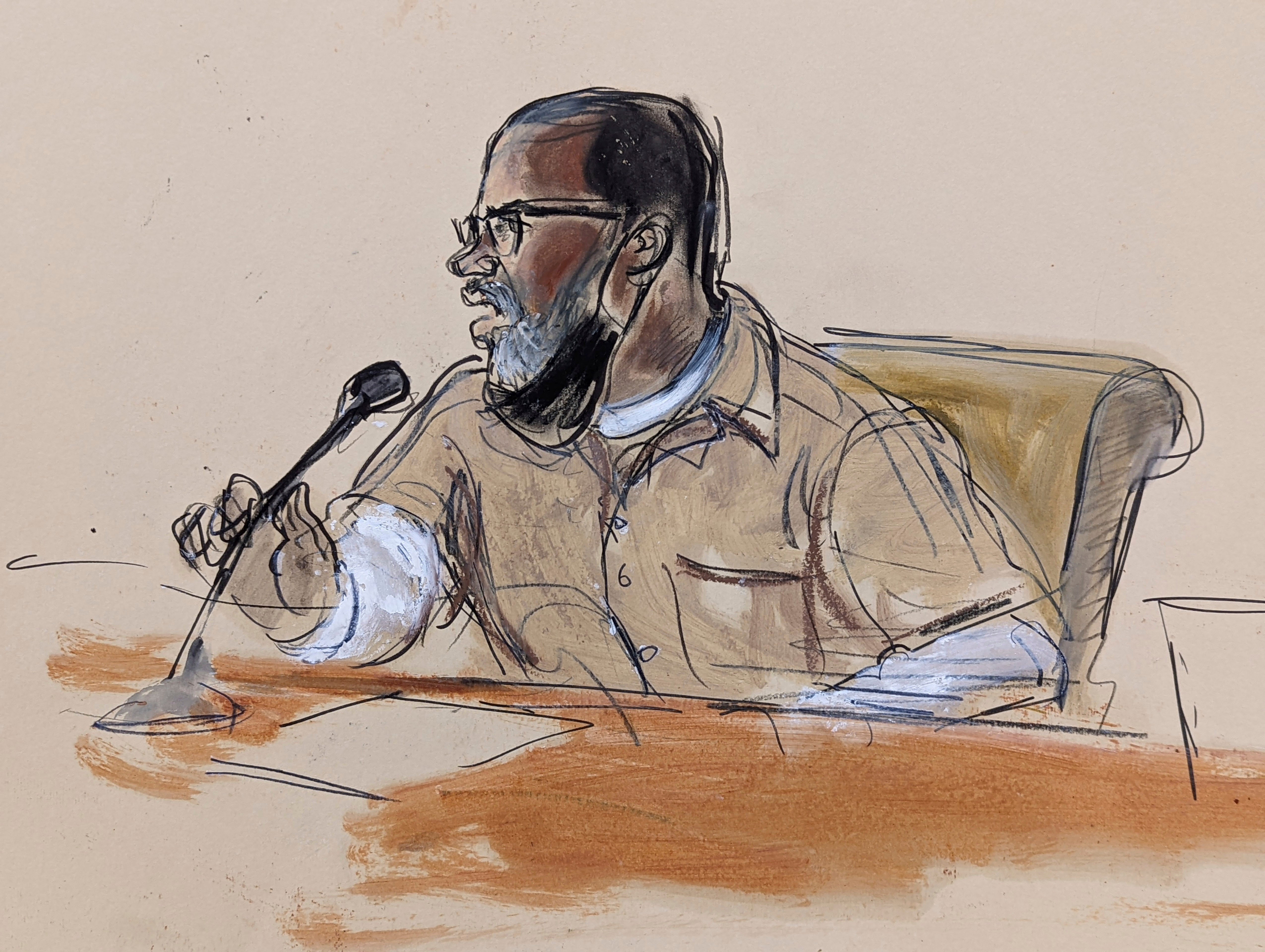 Courtroom sketch of R Kelly at his sentencing on Wednesday