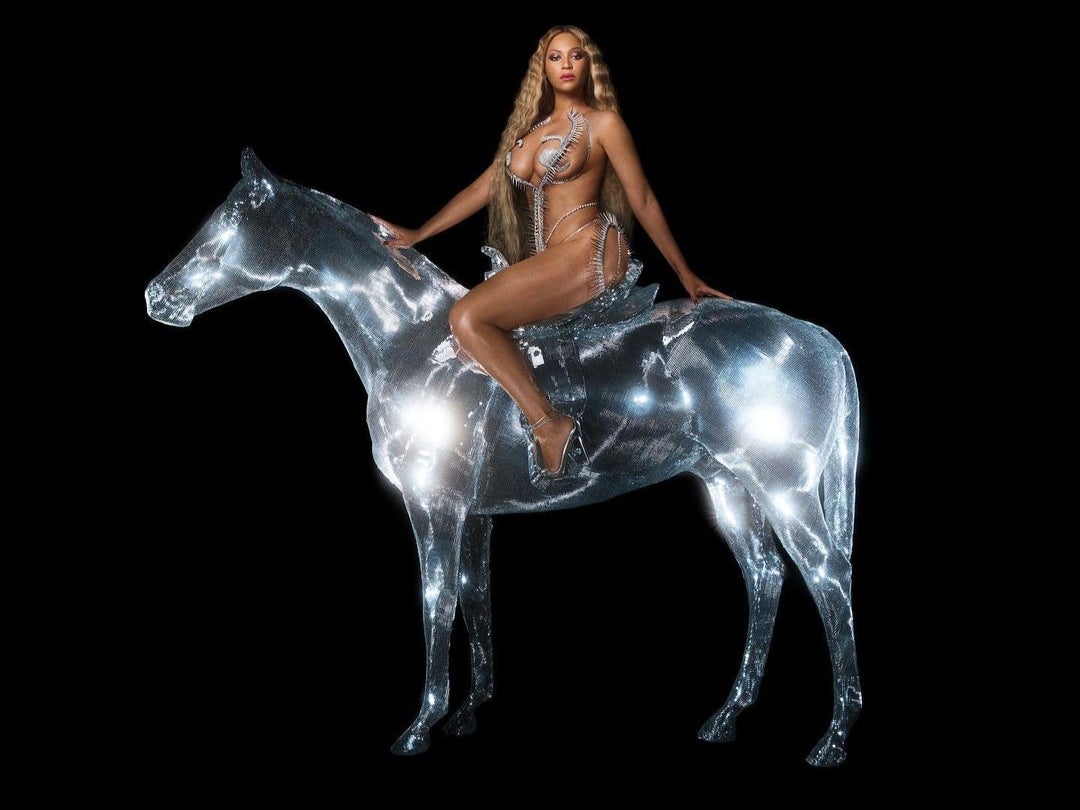 Beyoncé on the cover of Renaissance , seated atop a luminous horse