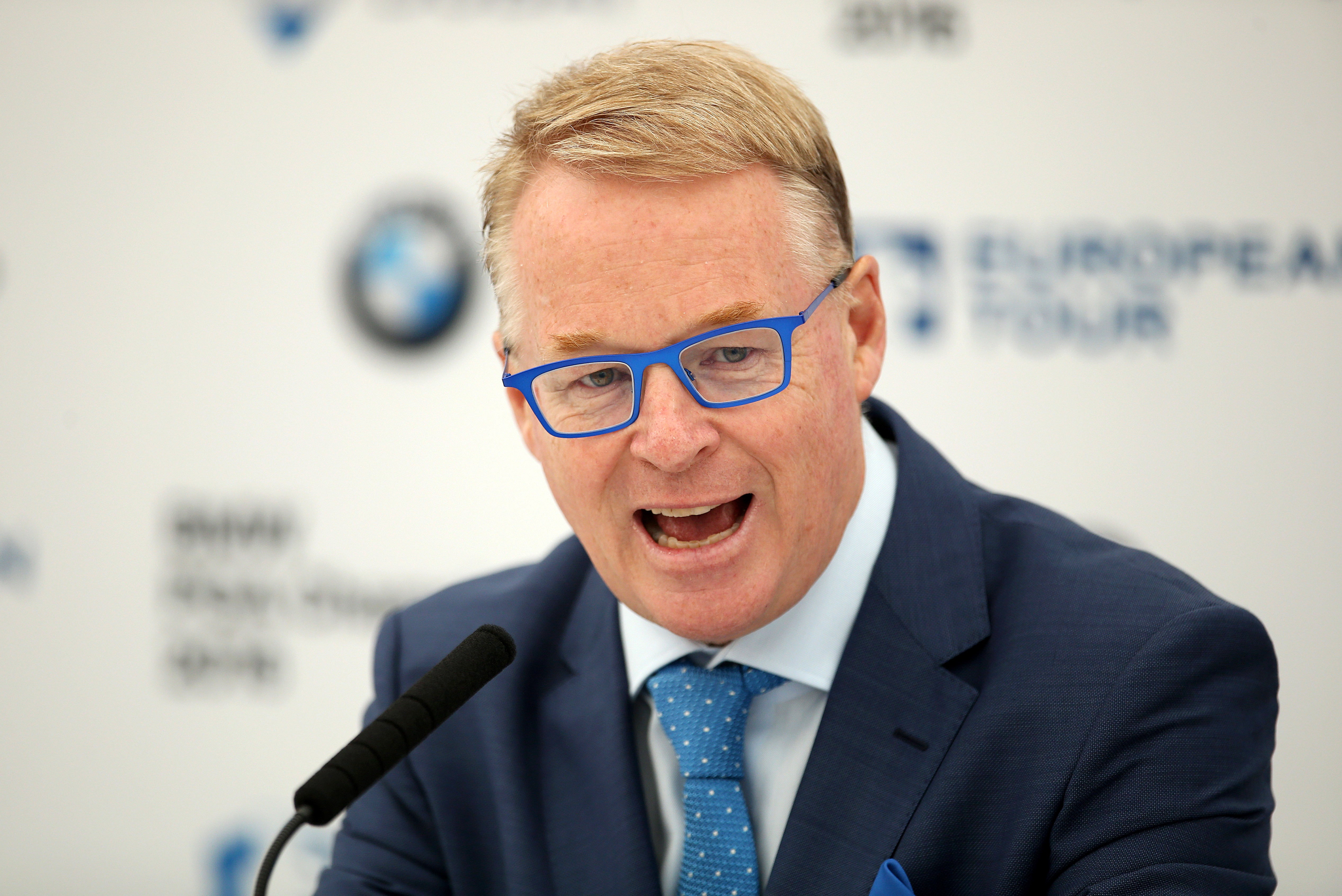 European Tour Chief Executive Keith Pelley talks during a press conference during day four of the BMW PGA Championship at Wentworth Club, Windsor.