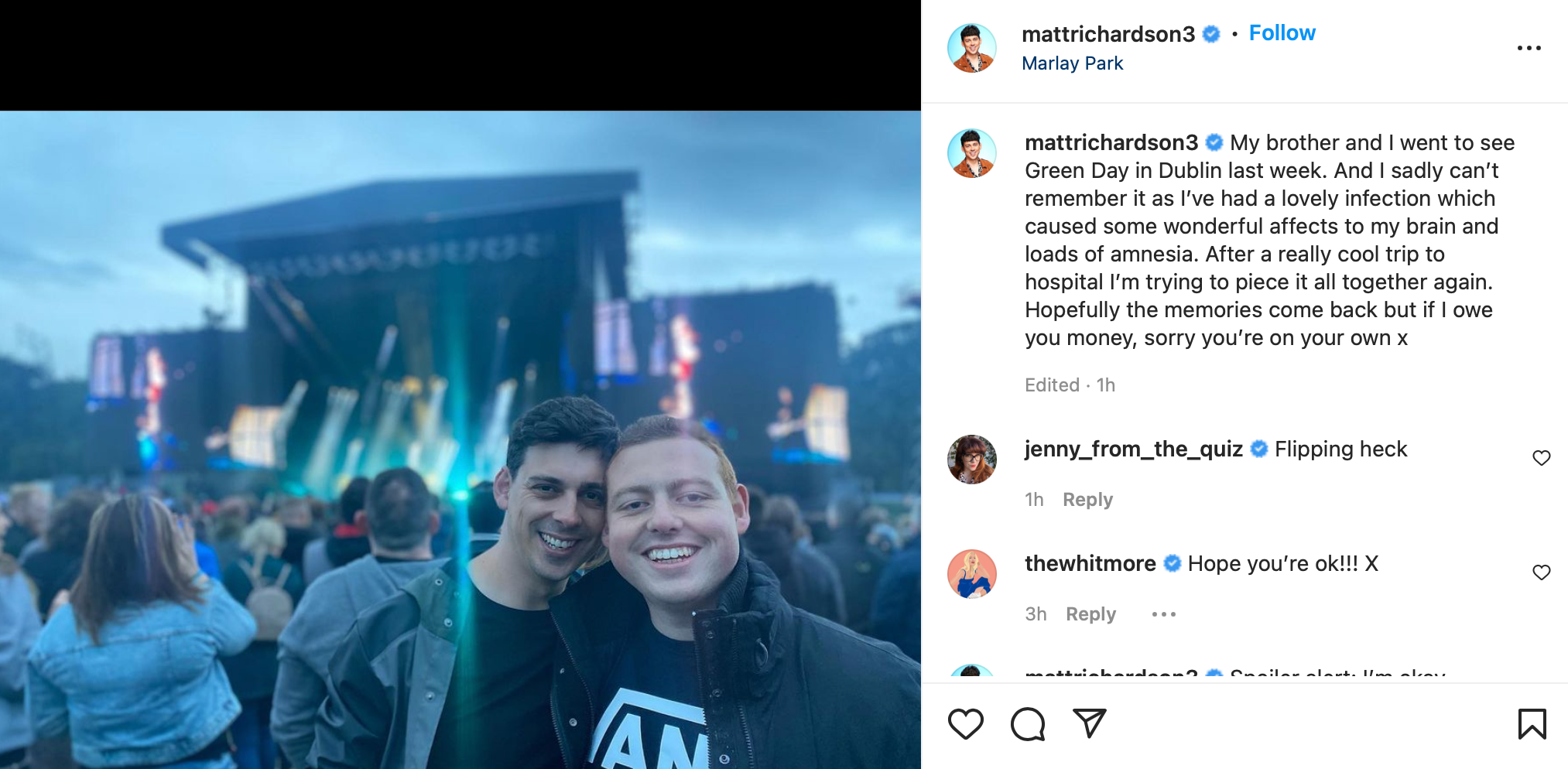 Matt Richardson shared a health update on Instagram