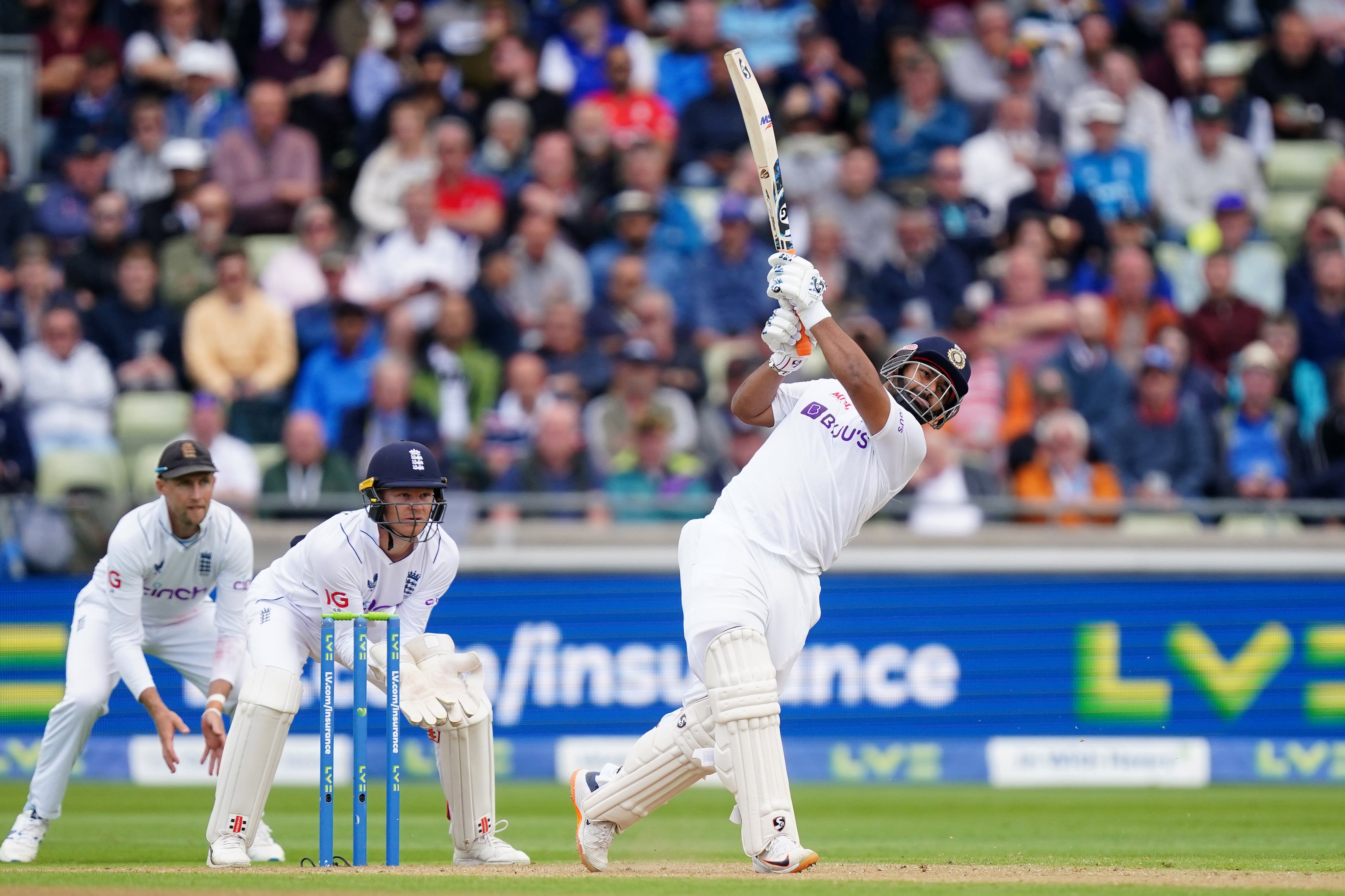 Rishabh Pant hits out during India’s day one fightback against England at Edgbaston (Mike Egerton/PA Images).