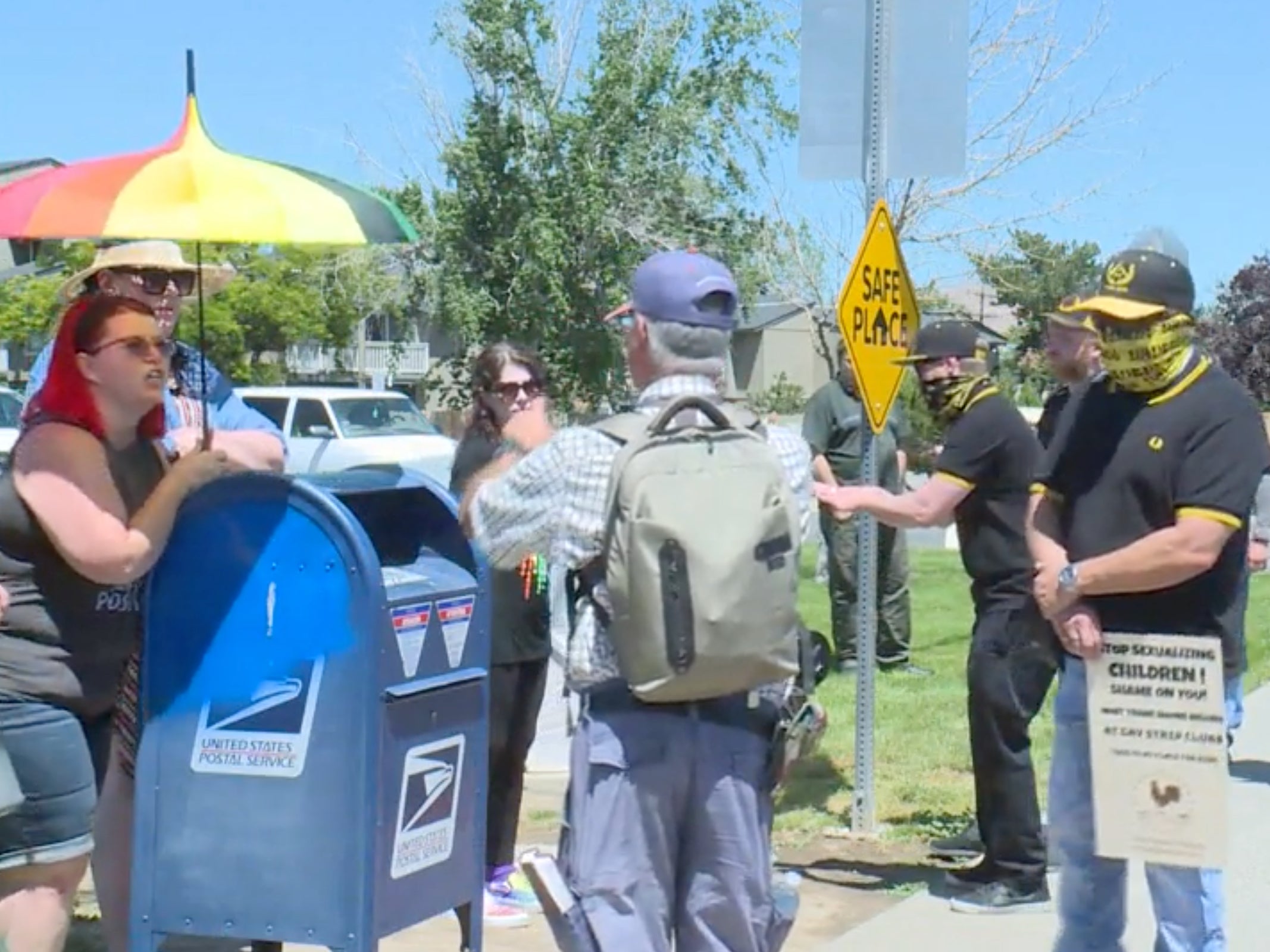 Protesters outside the Sparks Library in Nevada clash with LGBT+ supporters