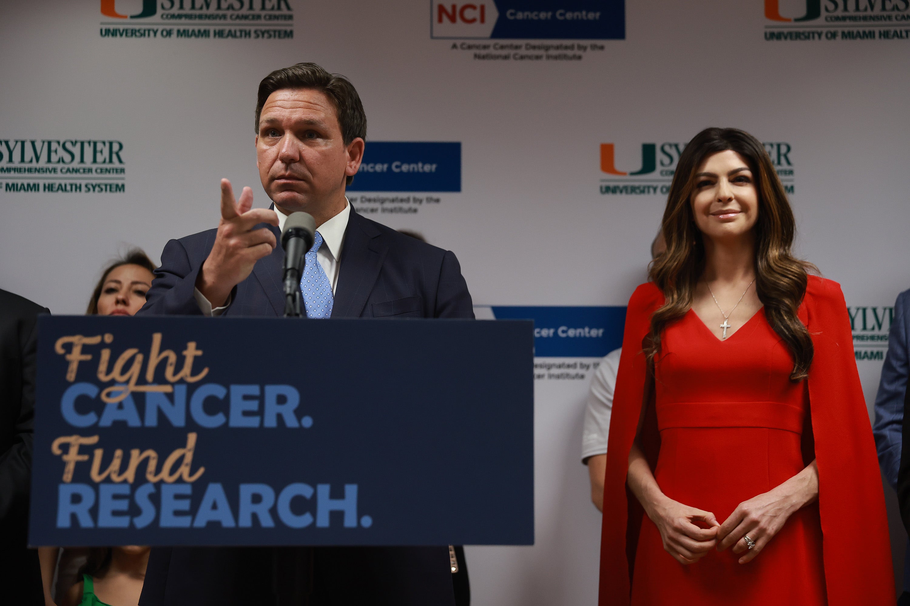 Florida Gov Ron DeSantis speaks during during a press conference at the University of Miami Health System Don Soffer Clinical Research Center on 17 May 2022 in Miami, Florida alongside his wife, Casey DeSantis, who recently survived breast cancer