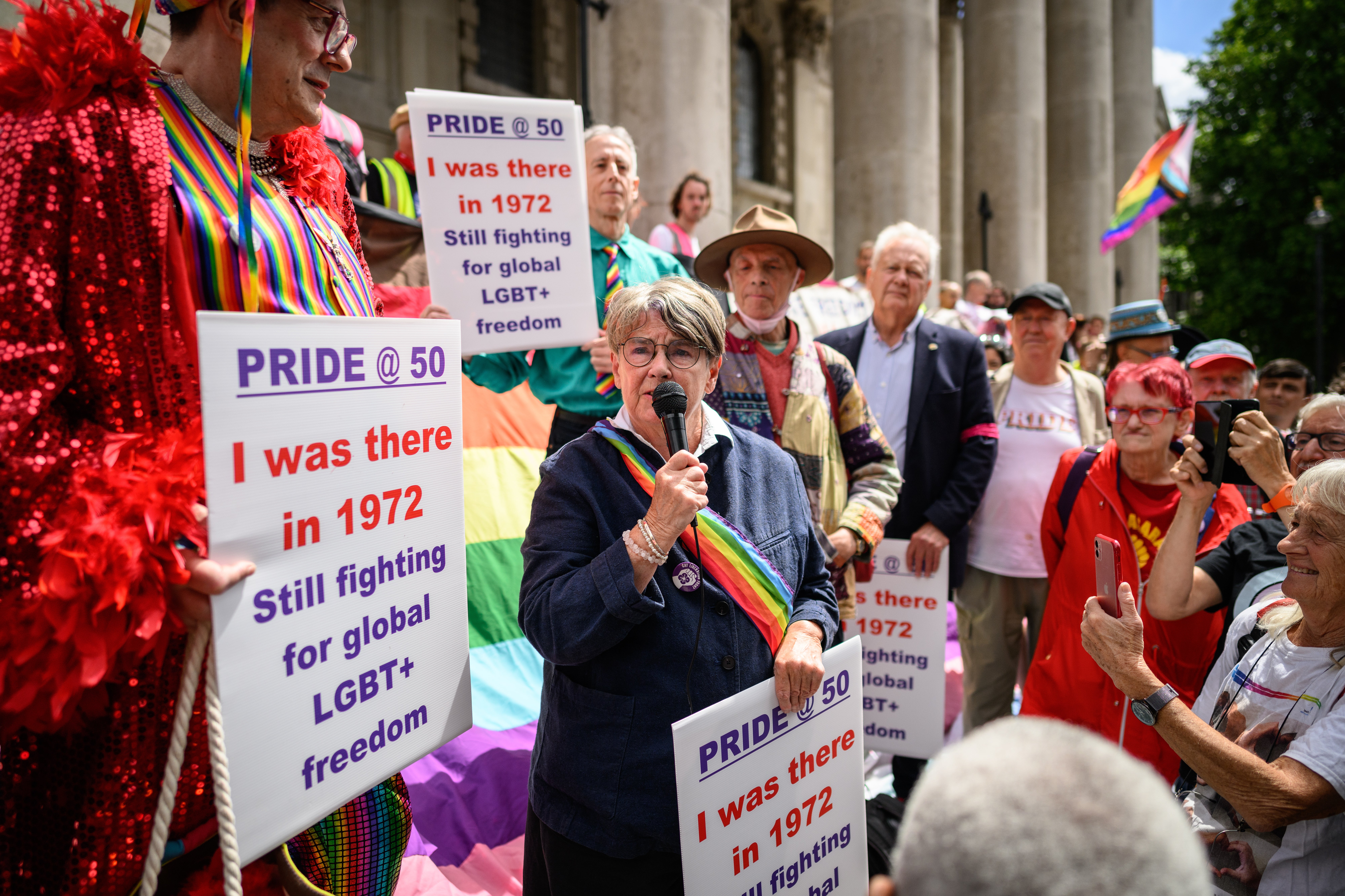 Veteran gay rights activists address the gathering during an event to mark fifty years since the first UK Pride March