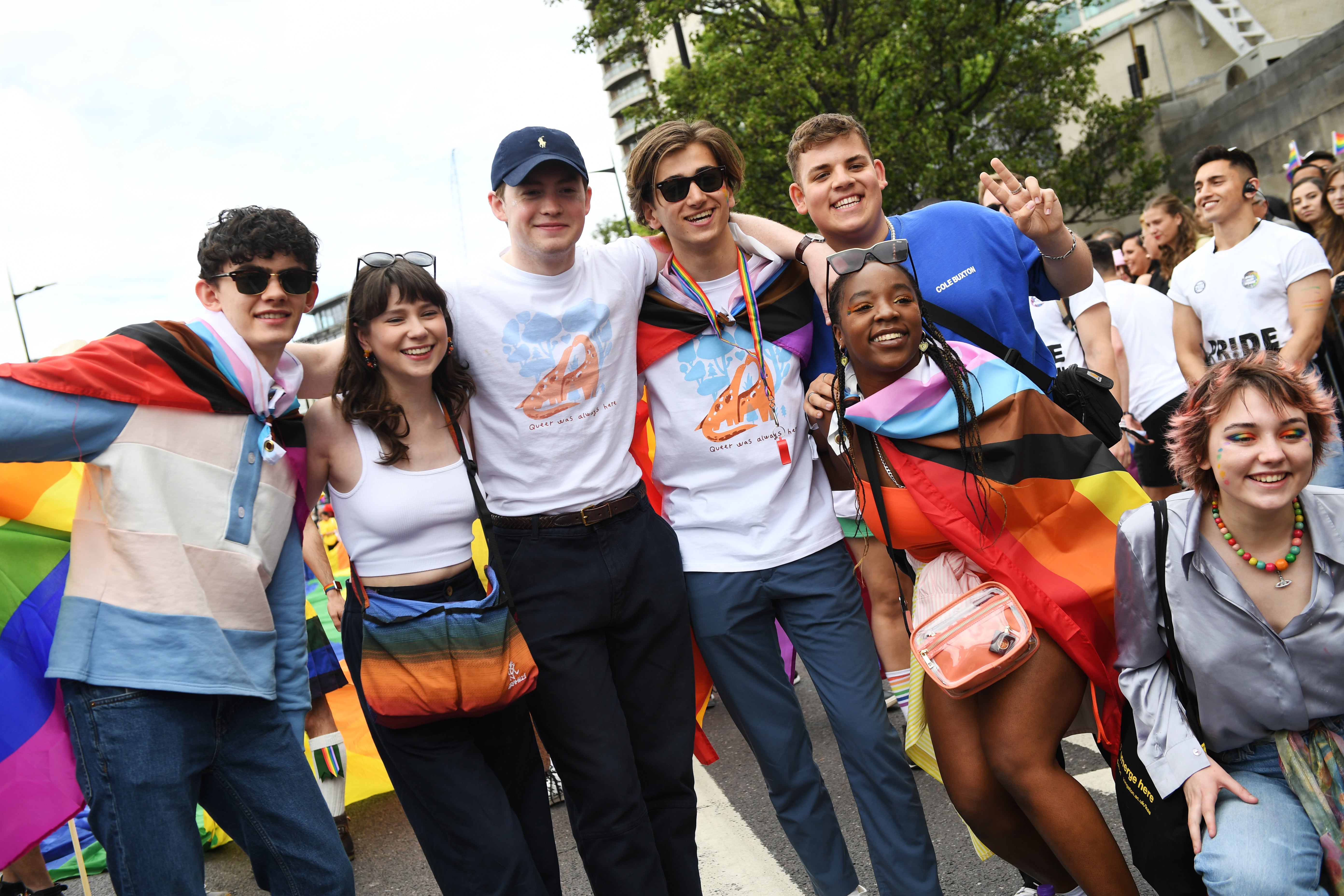 The cast of Heartstopper (L-R) Joe Locke, Jenny Walser, Kit Connor, Sebastian Croft, Tobie Donovan, Corinna Brown and Kizzy Edgell attend Pride in London 2022