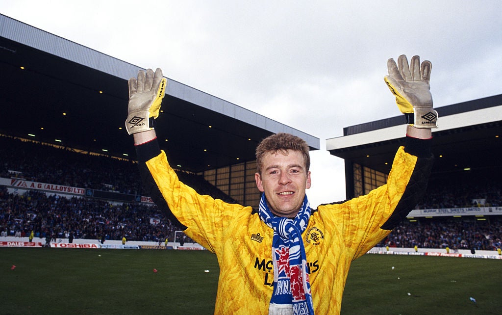 Andy Goram celebrates after Rangers land the 1991/92 Scottish Premier Division title at Ibrox on 18 April 1992