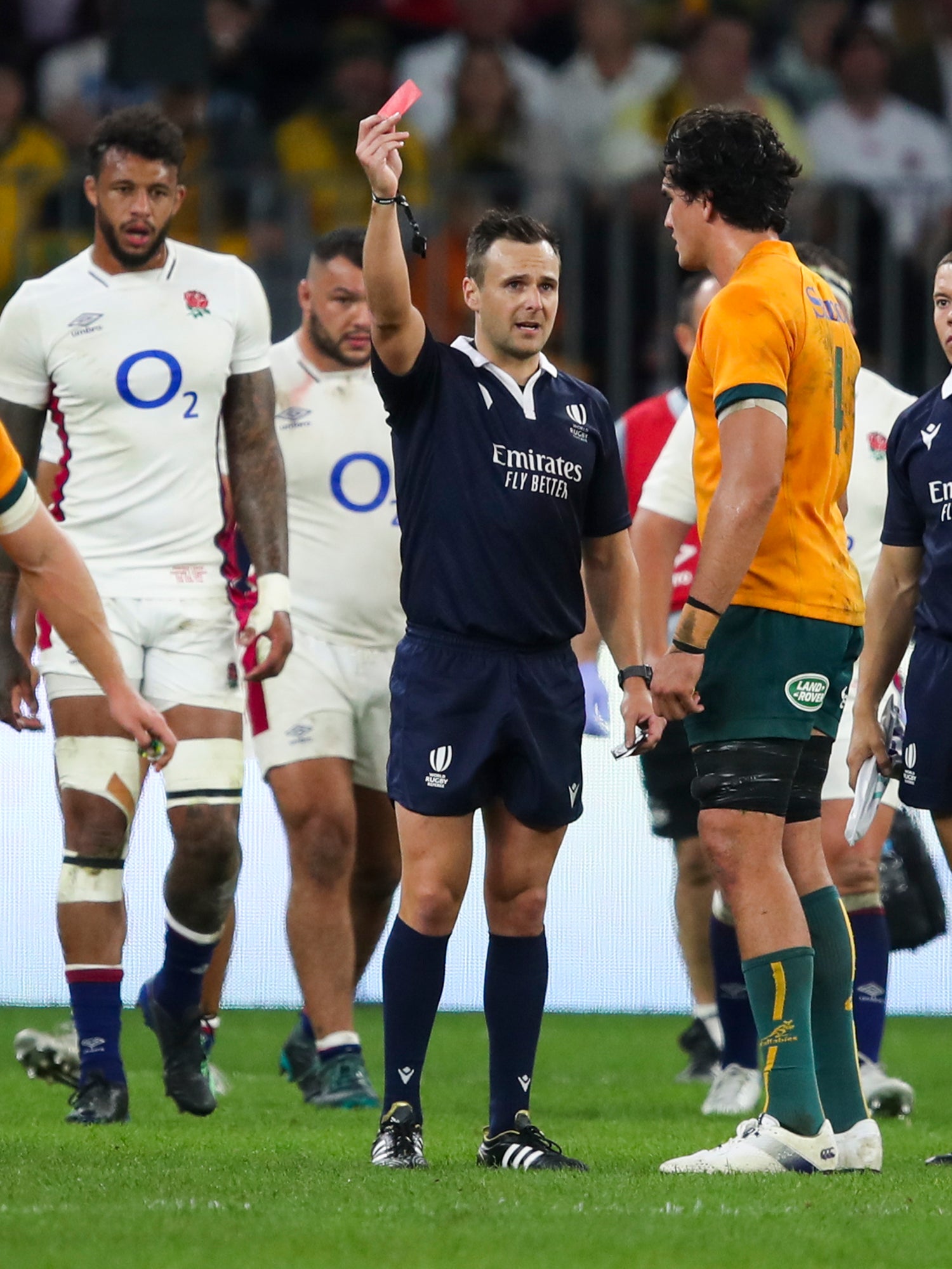 Darcy Swain, right, was red carded in the first half of Australia’s win over England (Gary Day/AP/PA)