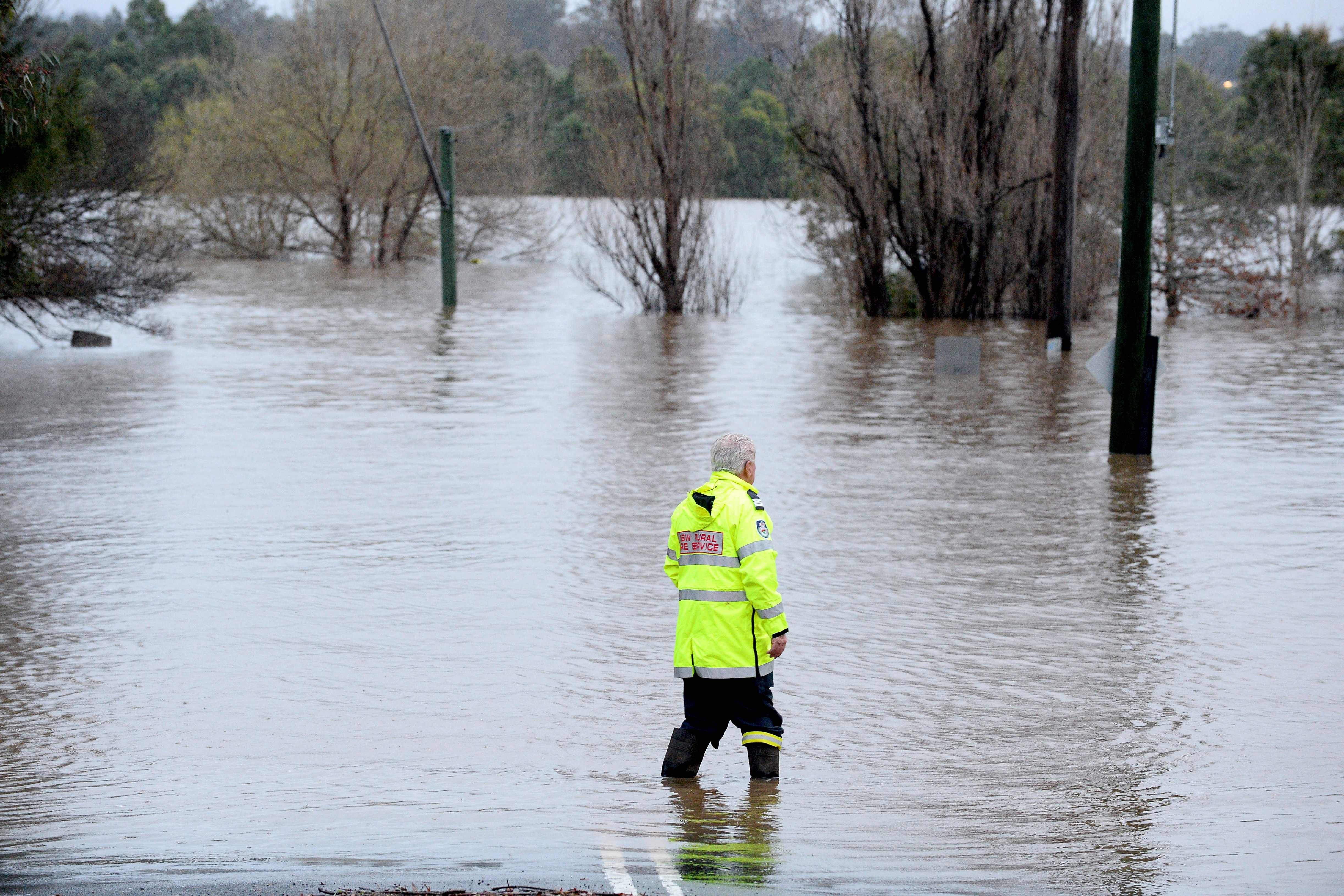 A rescue worker examines a flooded area due to torrential rain in the Camden suburb of Sydney