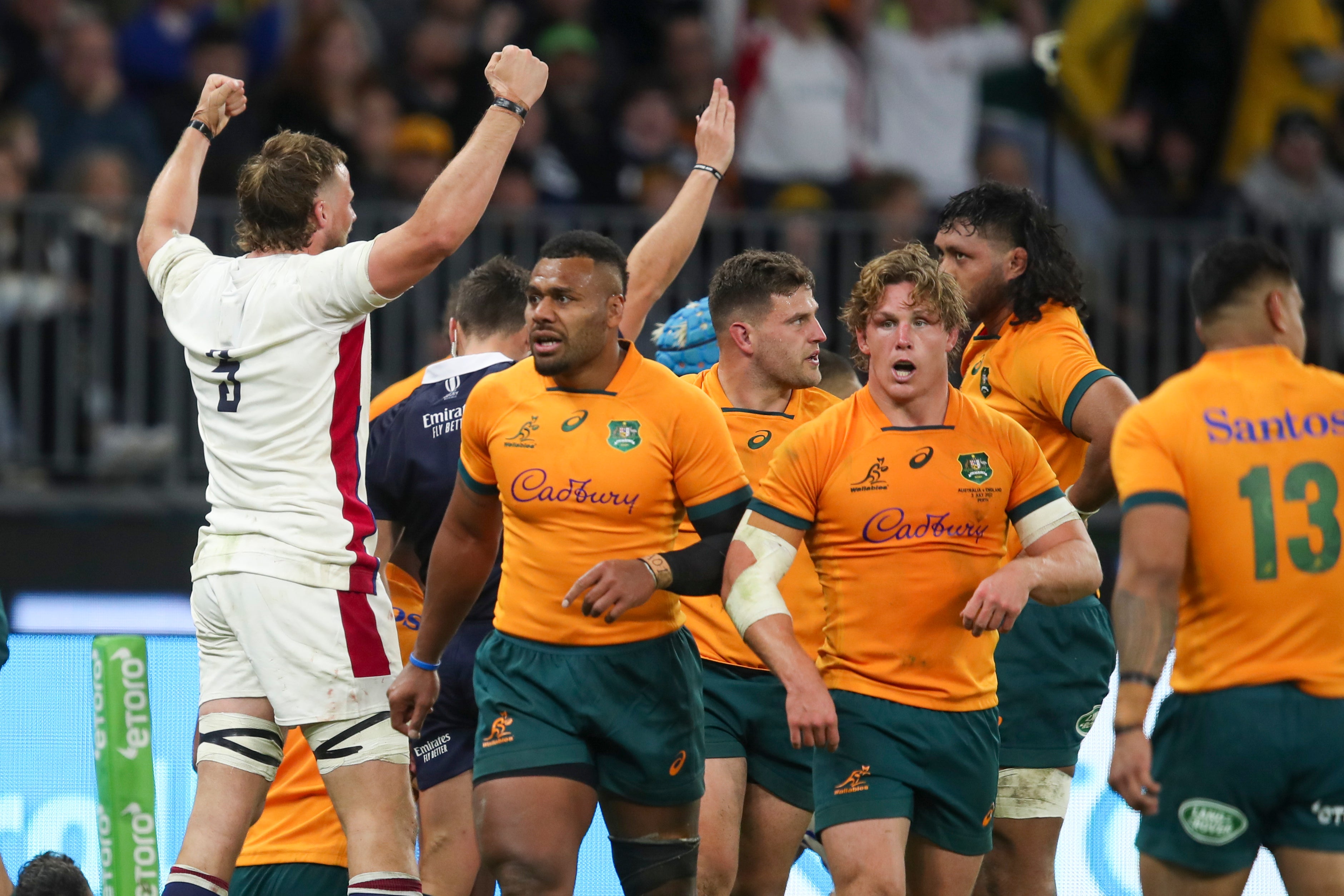 England’s Jonny Hill celebrates after team-mate Ellis Genge scores (Gary Day/AP)