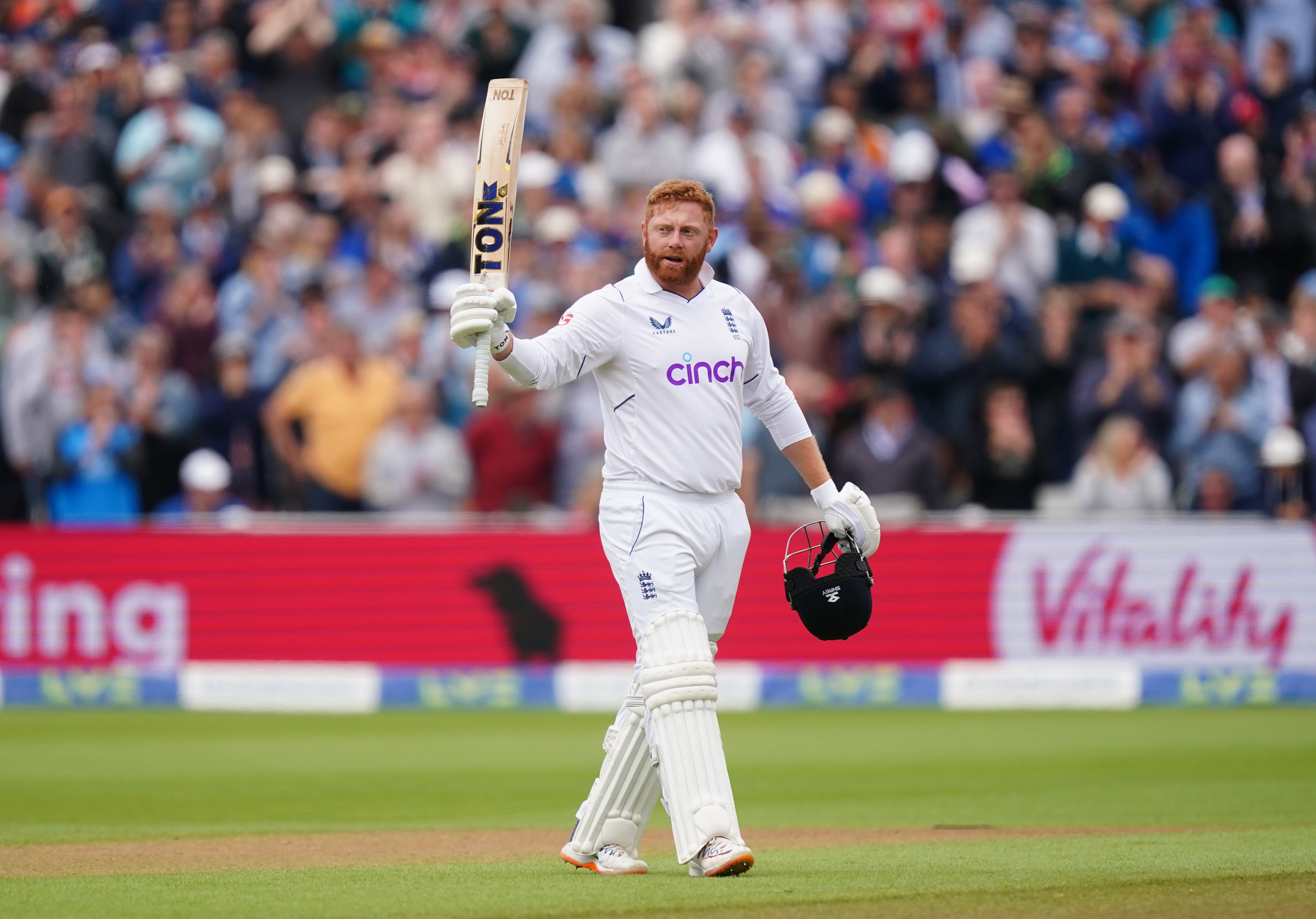 England’s Jonny Bairstow celebrates his century against India (Mike Egerton/PA).