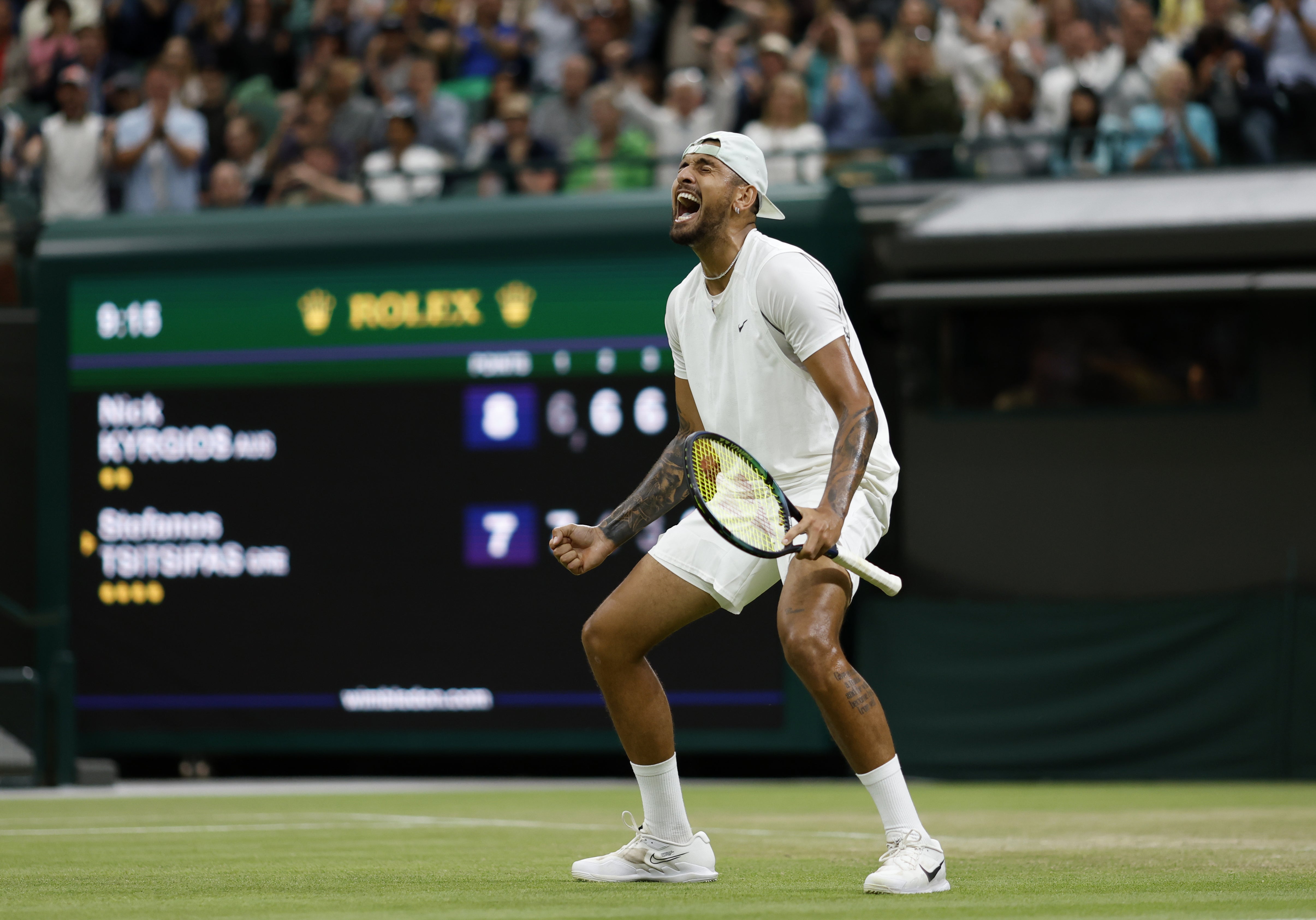 Nick Kyrgios celebrates his victory over Stefanos Tsitsipas (Steven Paston/PA)