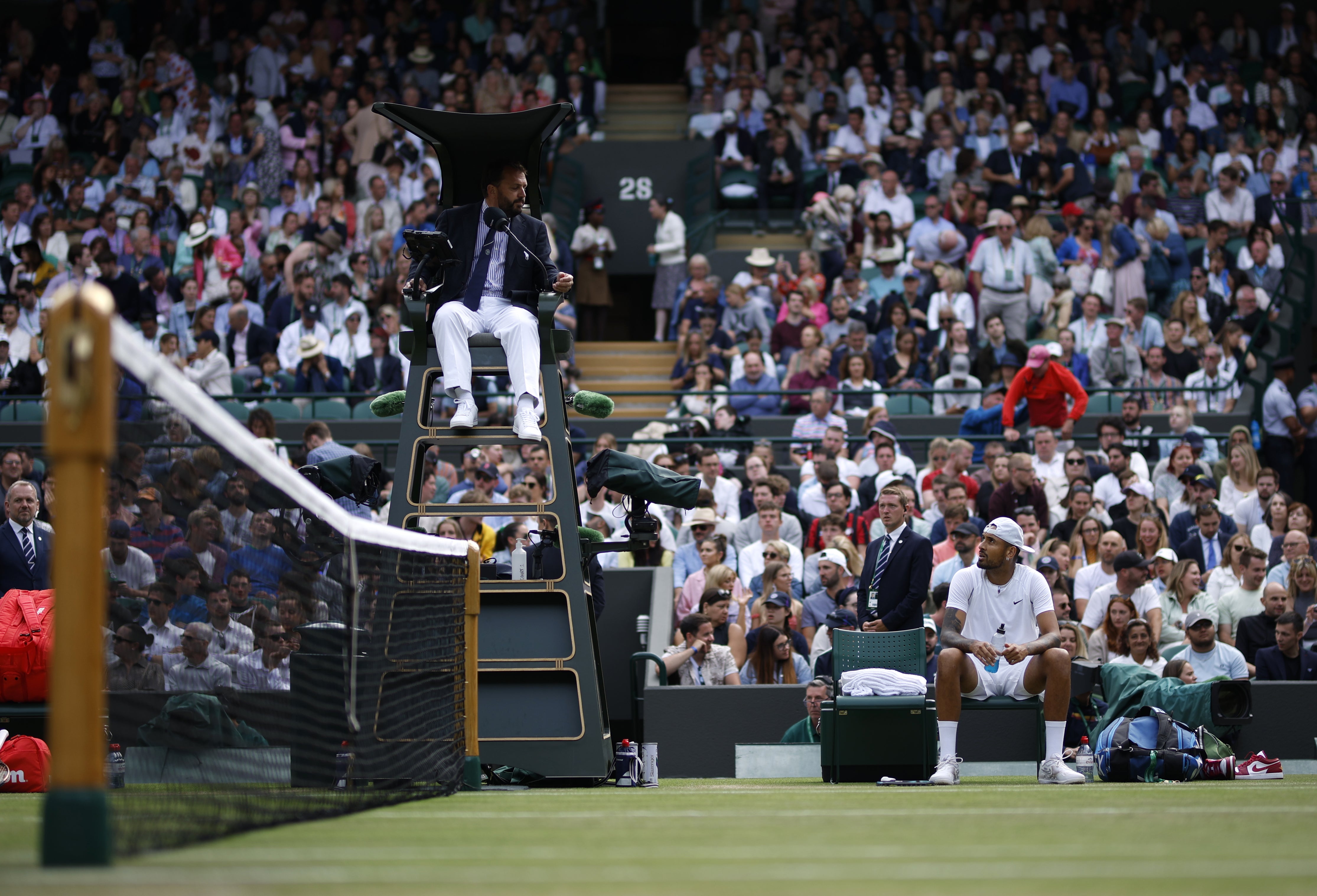 Nick Kyrgios complains to umpire Damien Dumusois (Steven Paston/PA)