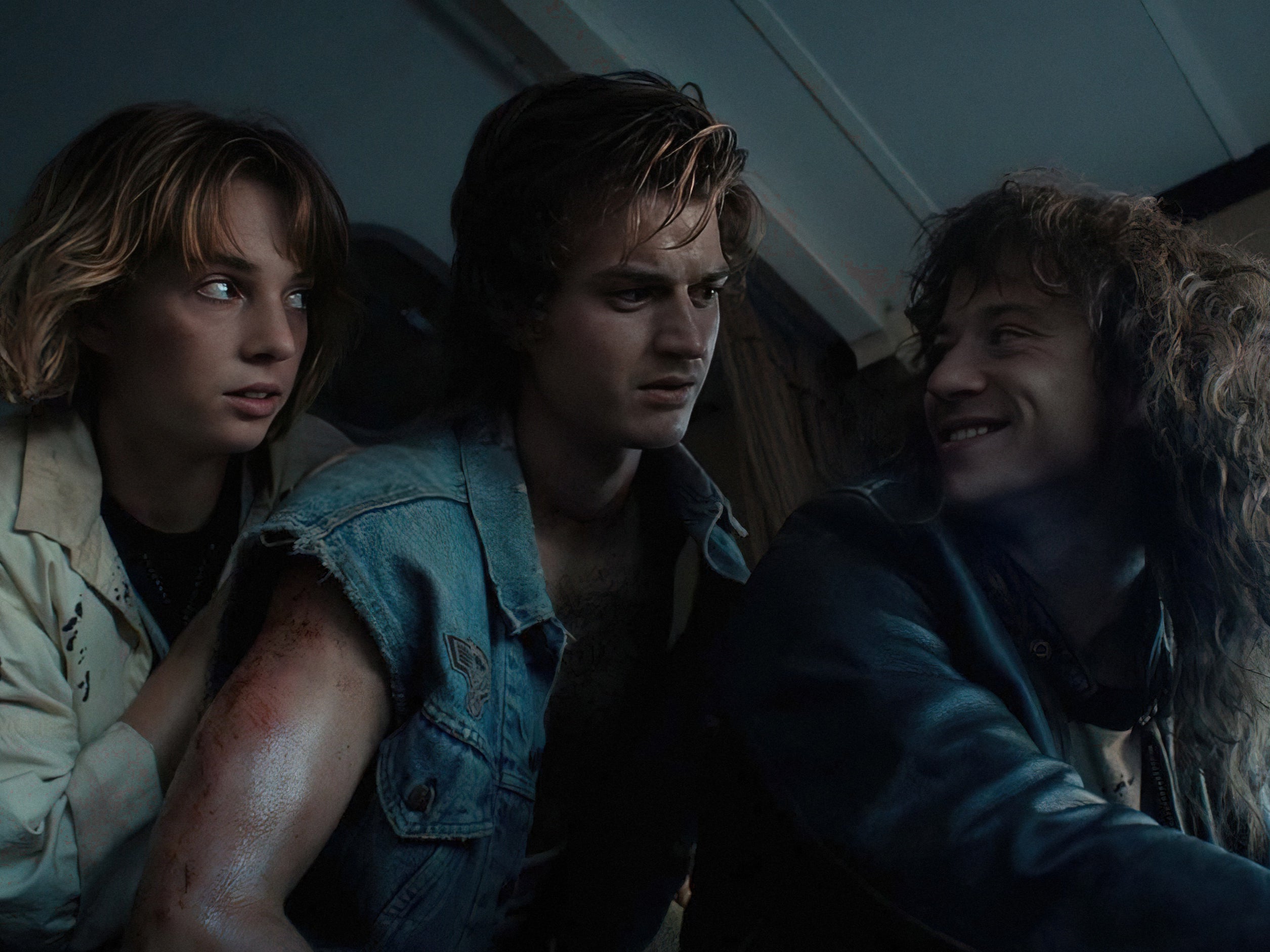 Maya Hawke as Robin Buckley, Joe Keery as Steve Harrington and Joseph Quinn as Eddie Munson