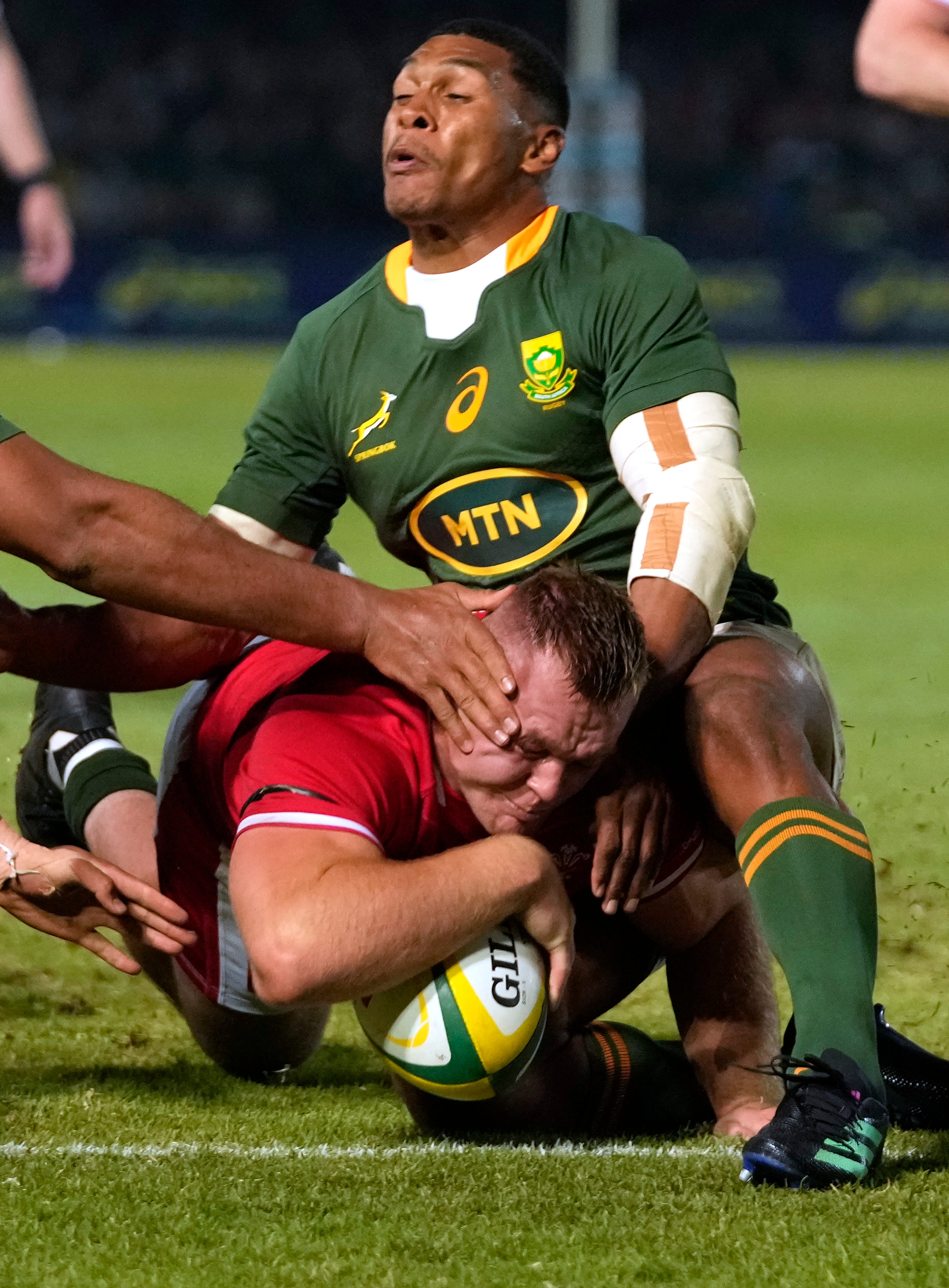 Dewi Lake scores a try in the first Test against South Africa (Themba Hadebe/AP)