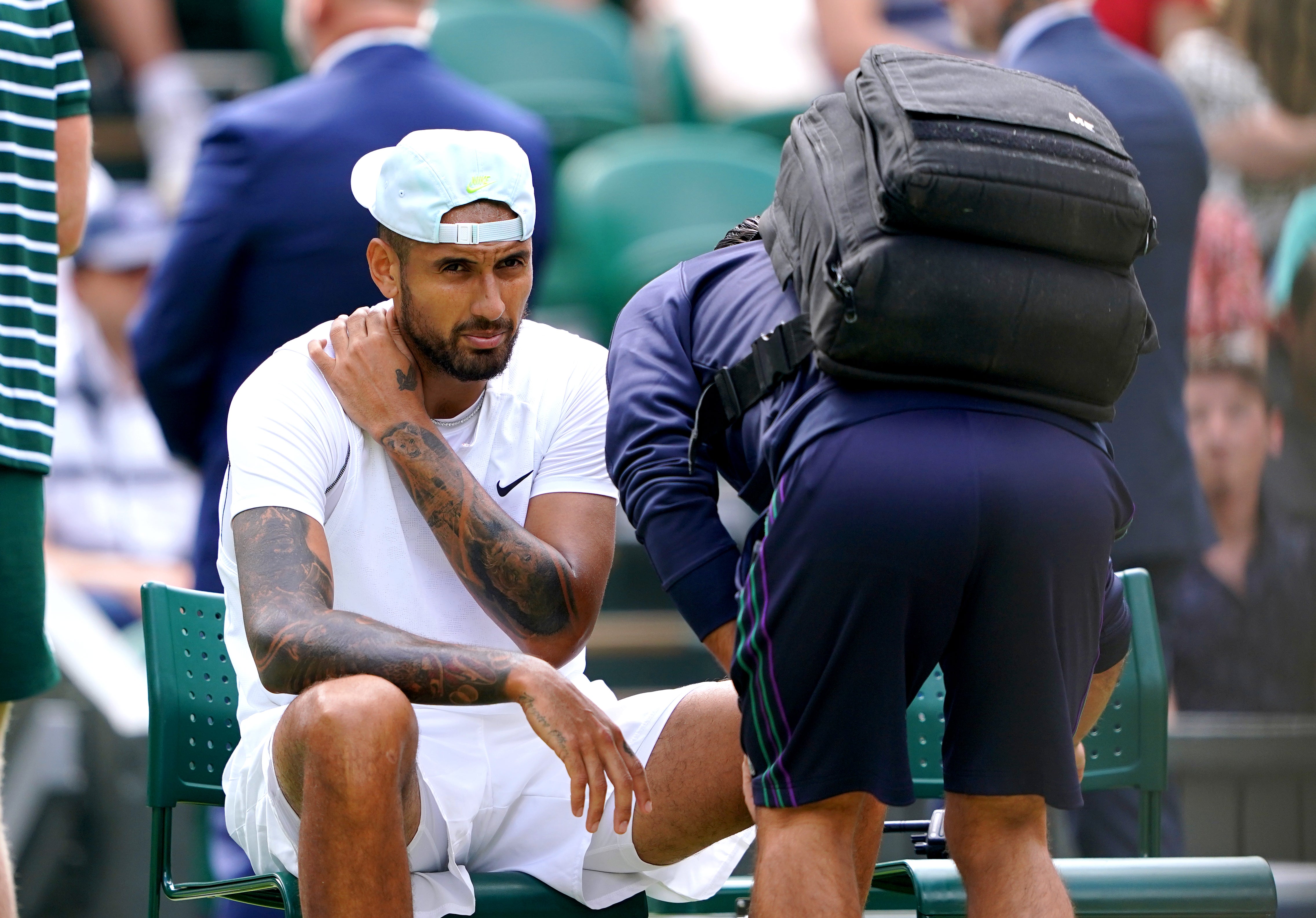 Nick Kyrgios received treatment for a shoulder problem (Zac Goodwin/PA)