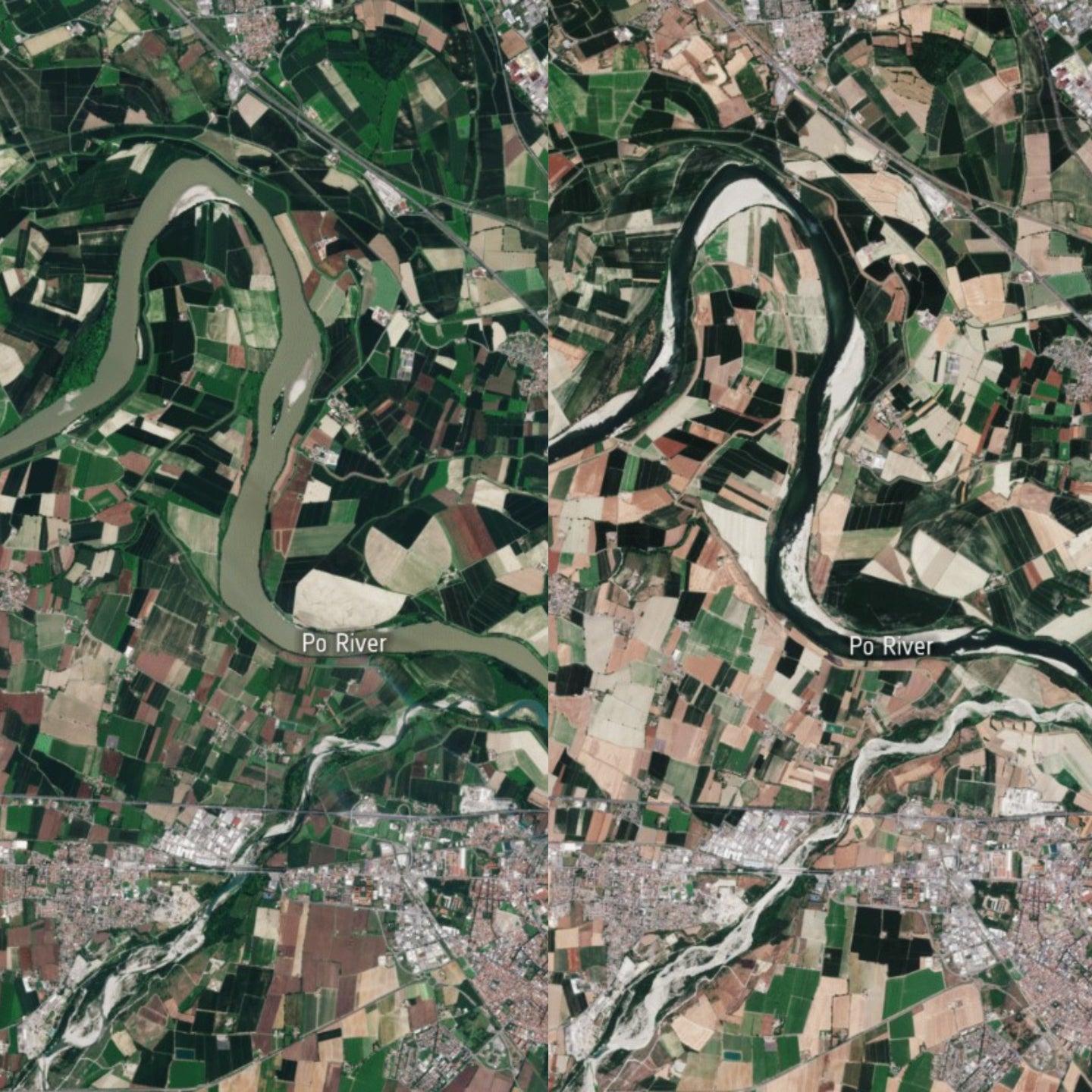 These ESA Copernicus Sentinel-2 images reveal how the River Po has significantly shrunk between June 2020 and June 2022.