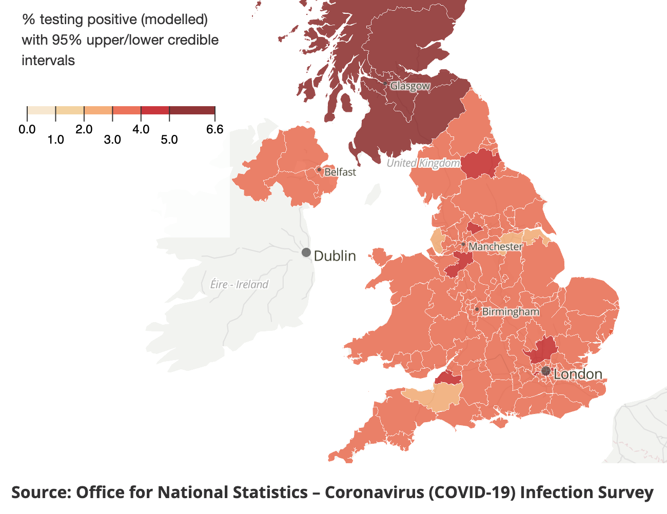 Modelled percentage of the population testing positive in the week to 24 June