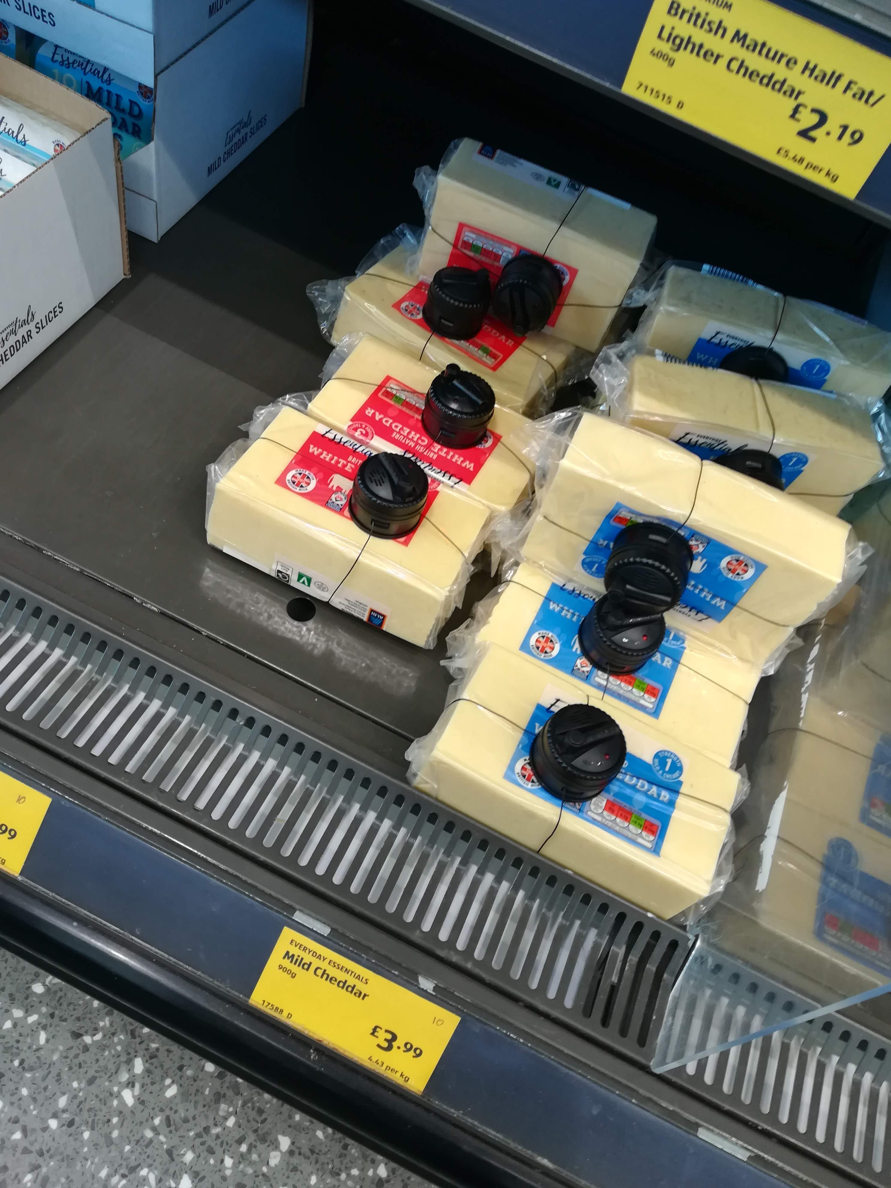 Cheese covered in security tags in Aldi