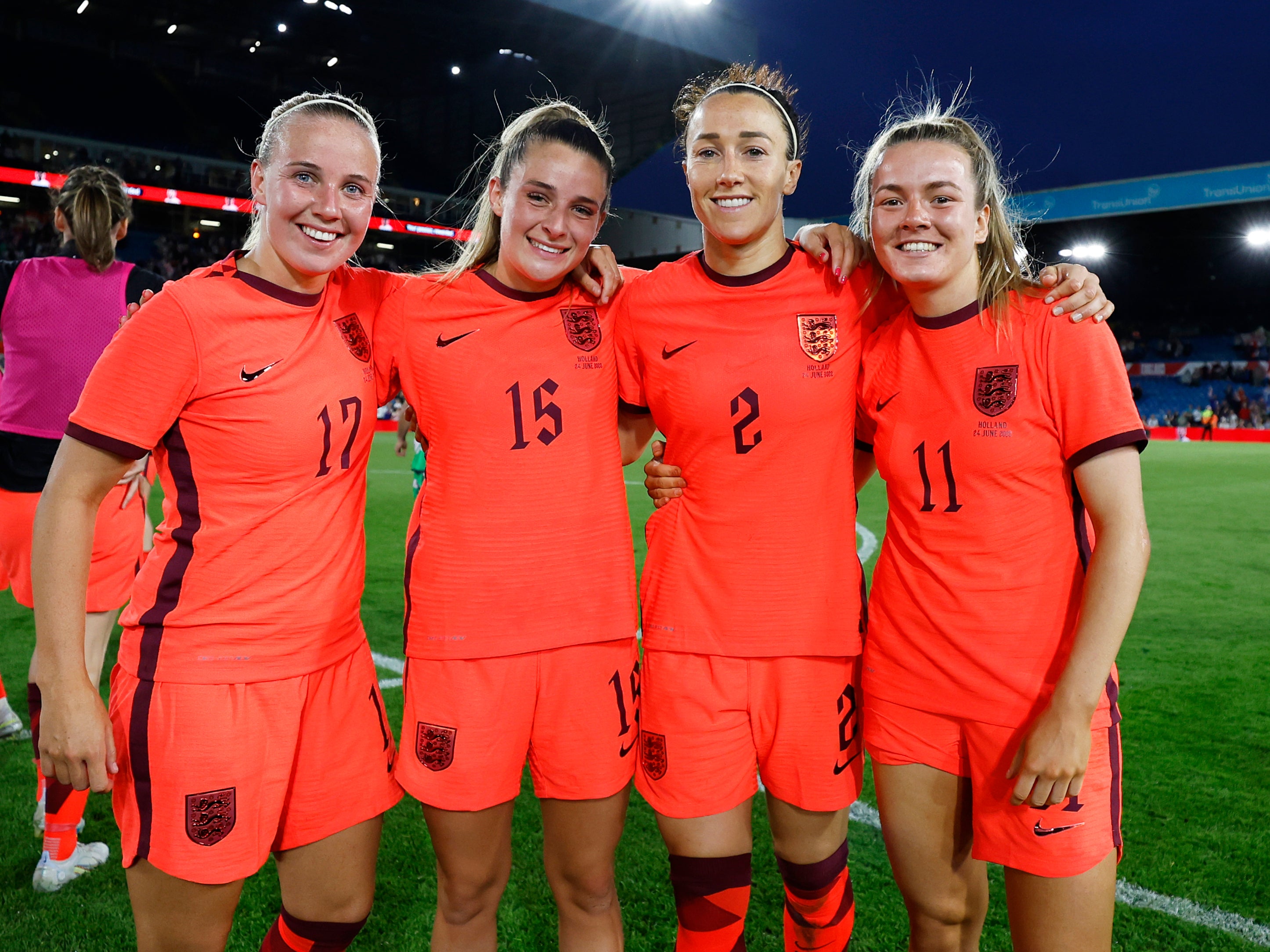 England’s Beth Mead, Ella Toone, Lucy Bronze and Lauren Hemp