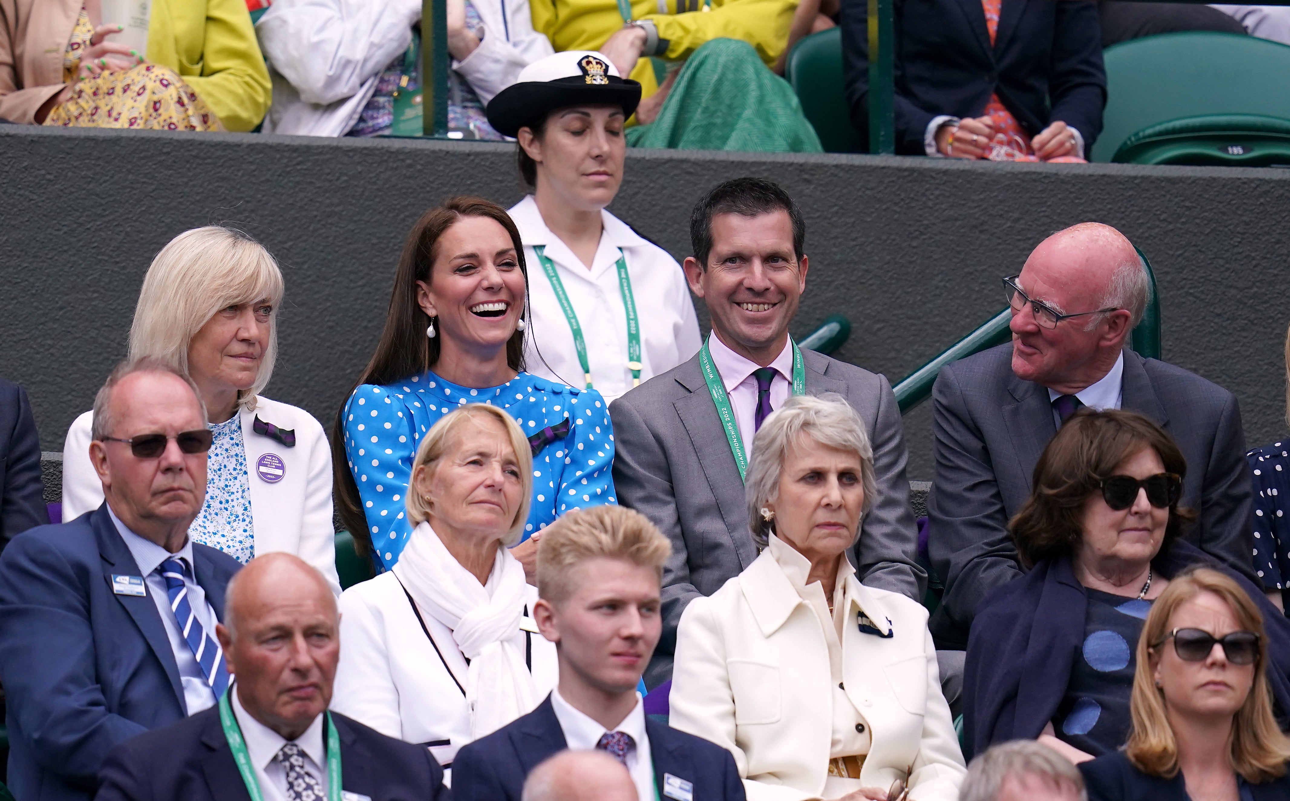 The Duchess of Cambridge alongside Tim Henman in the stands on court one watch the Gentlemen’s Singles quarter-final match between Cameron Norrie and David Goffin. (PA)